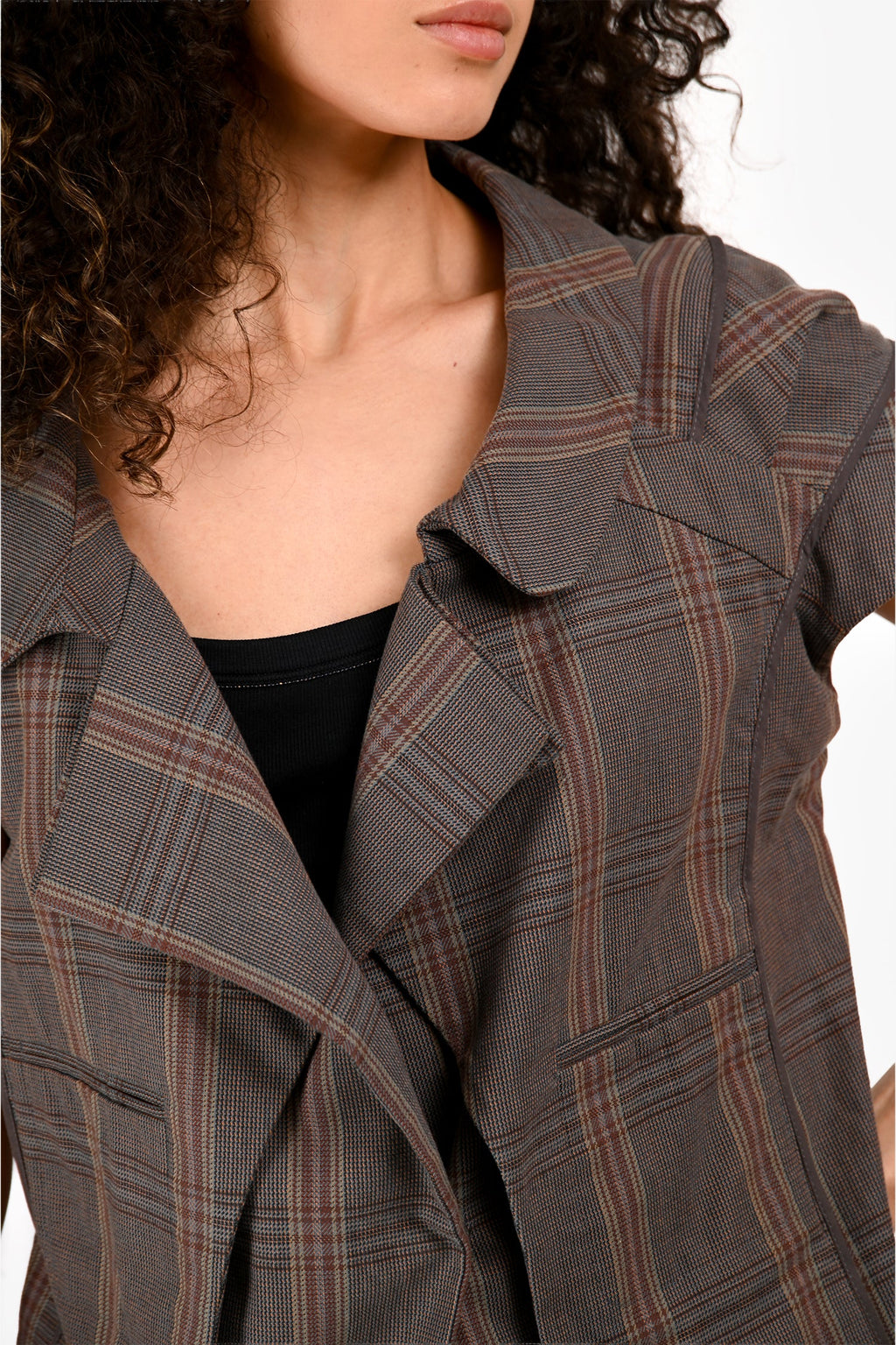 Marni Grey Plaid Sweetheart Neckline Cap Sleeve Top Size 38