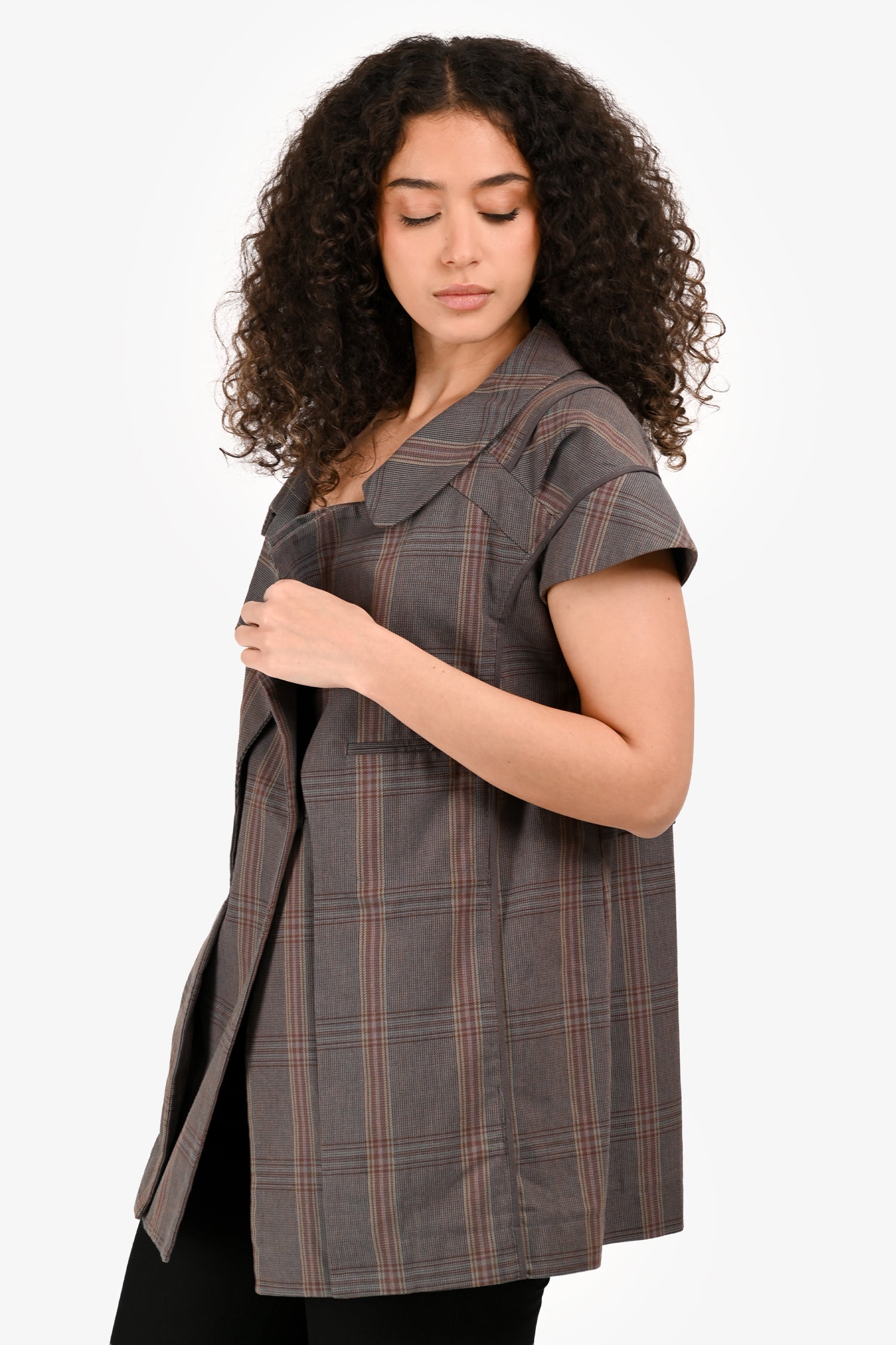 Marni Grey Plaid Sweetheart Neckline Cap Sleeve Top Size 38