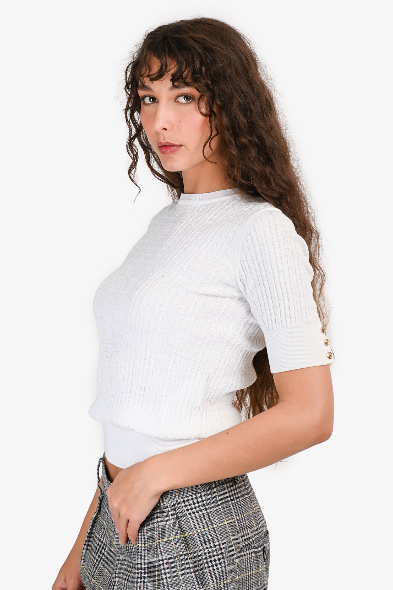 Max Mara White Cotton Cable Knit SS Sweater Size S
