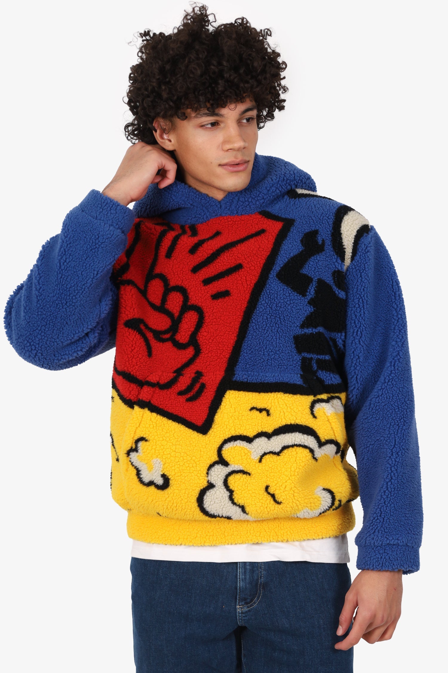 Burberry Blue/Yellow Poster Graphic Fleece Jacquard Hoodie Size S Mens