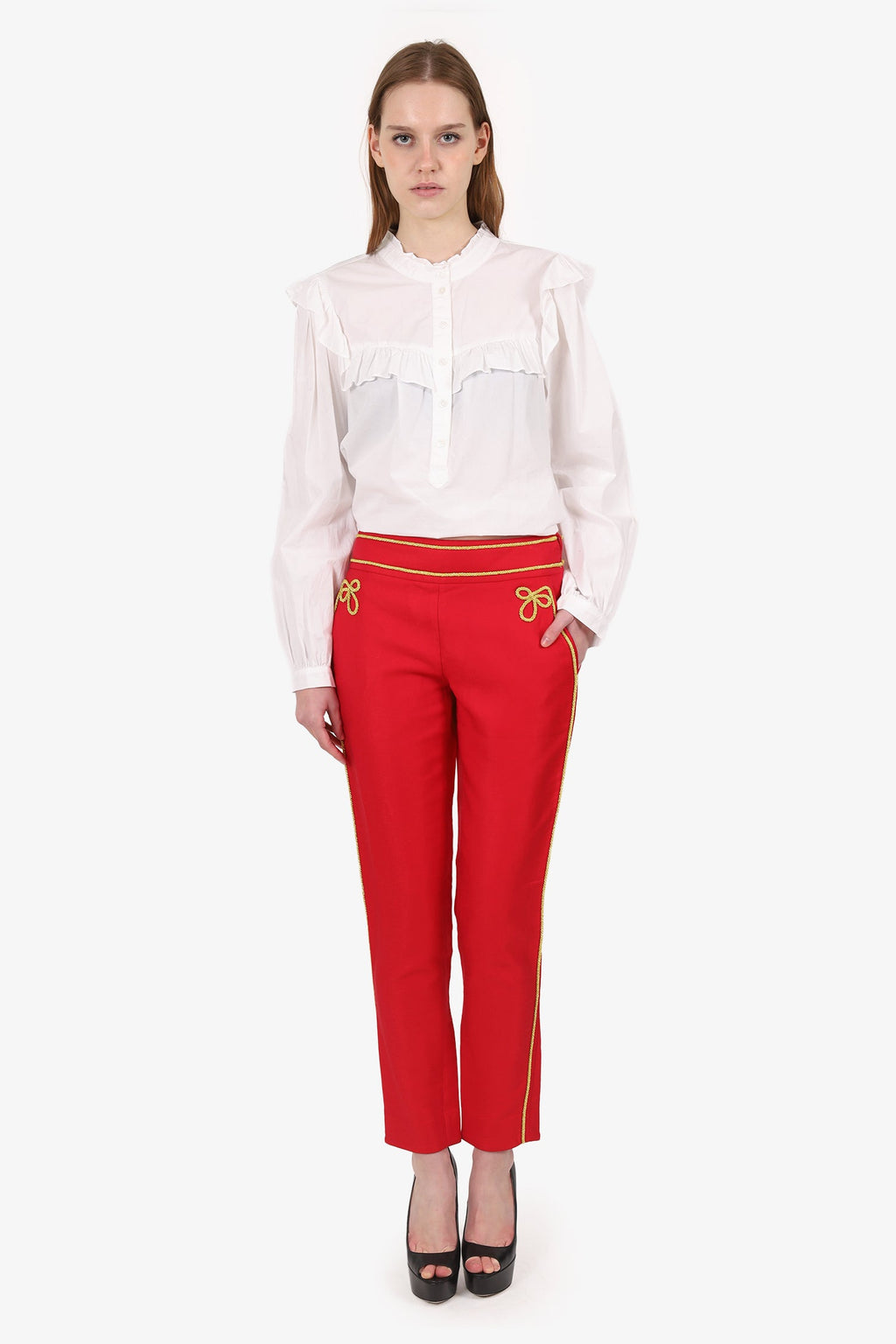 Moschino Couture Red/Gold Pipped Detail Twill Pants Size 6