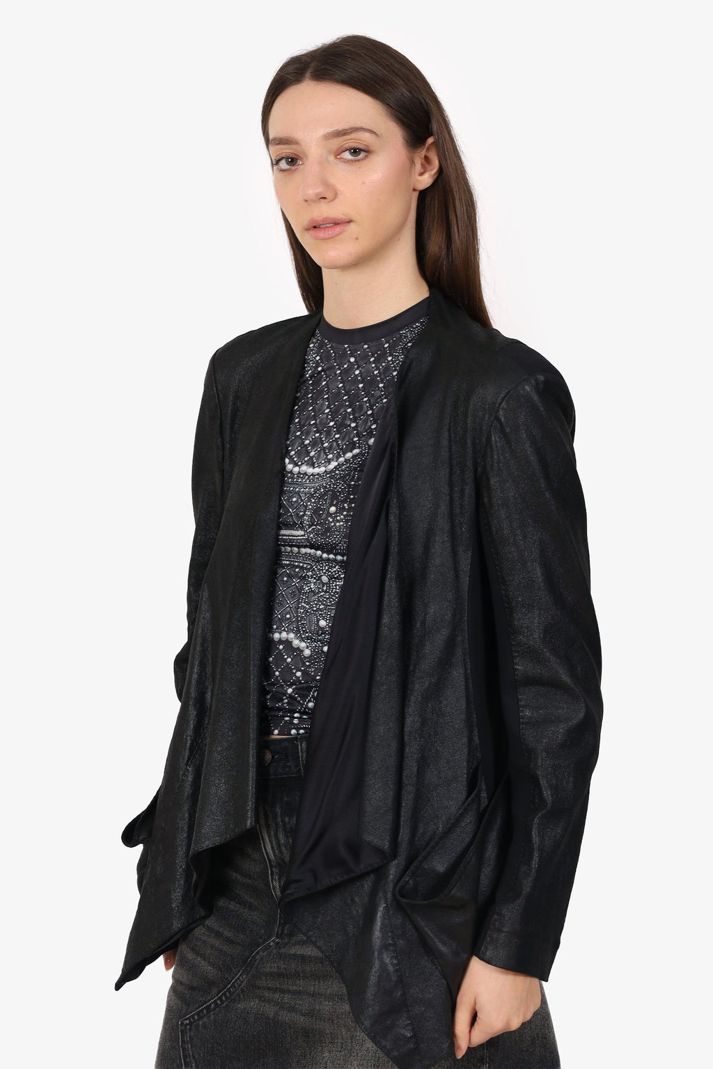Donna Karen Black Waterfall Front Jacket Estimated Size M
