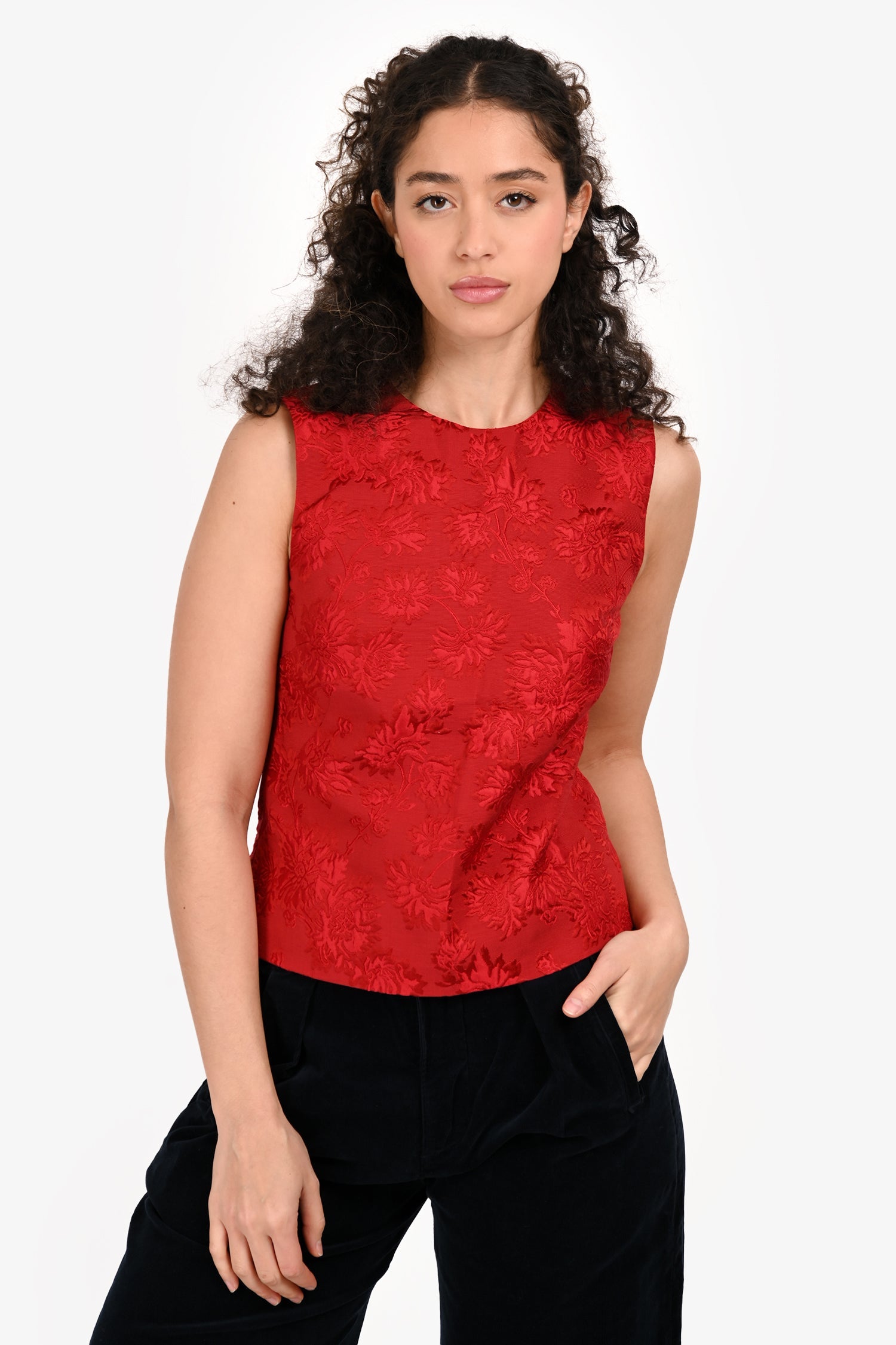 Dolce & Gabbana Red Cotton/Silk Blend Floral Sleeveless Top Size 40