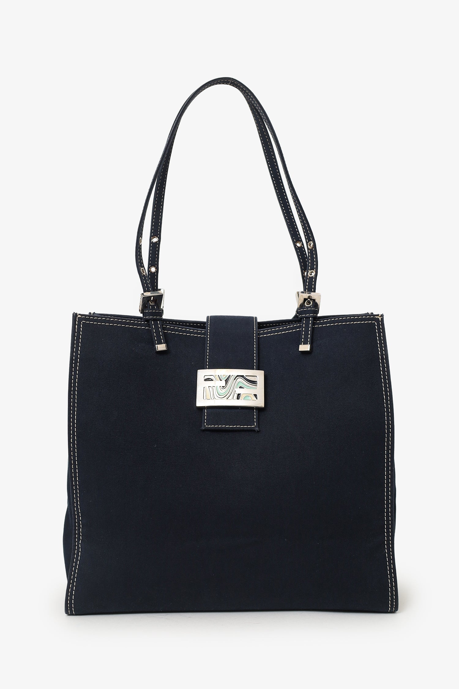 Fendi Blue Denim Baguette Buckle Square Tote Square