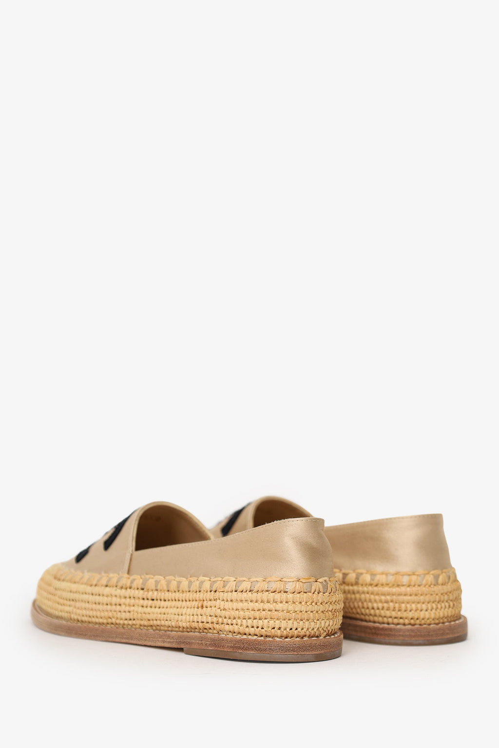 Pre-Loved Chanel™ Beige/Black Satin/Woven Raffia CC Espadrille Flats Size 36