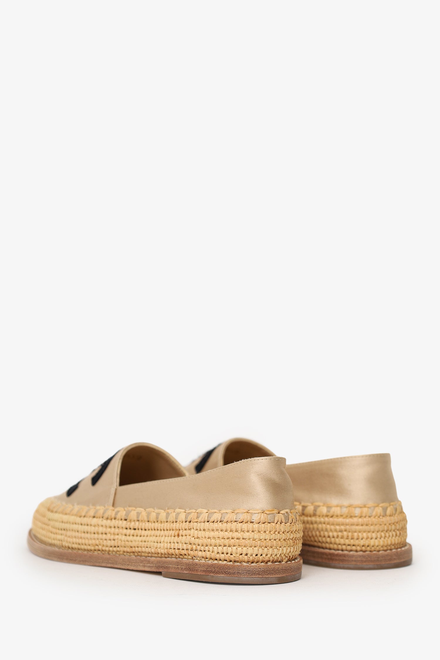 Pre-Loved Chanel™ Beige/Black Satin/Woven Raffia CC Espadrille Flats Size 36