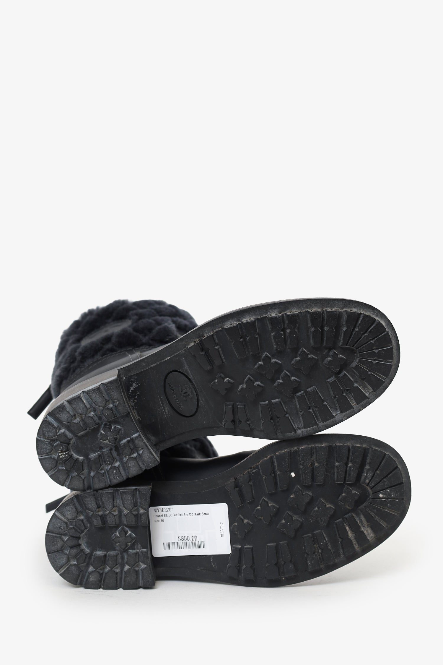 Pre-Loved Chanel™ Black Leather Fur CC Mark Boots Size 36