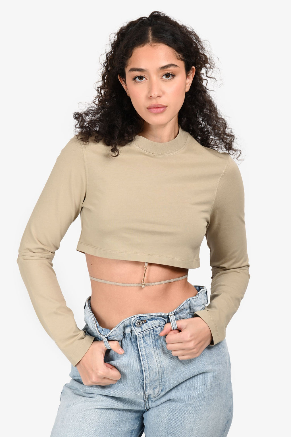 Jacquemus Beige Logo Strap Long Sleeve Cut Out Elbow Crop Top Size XS