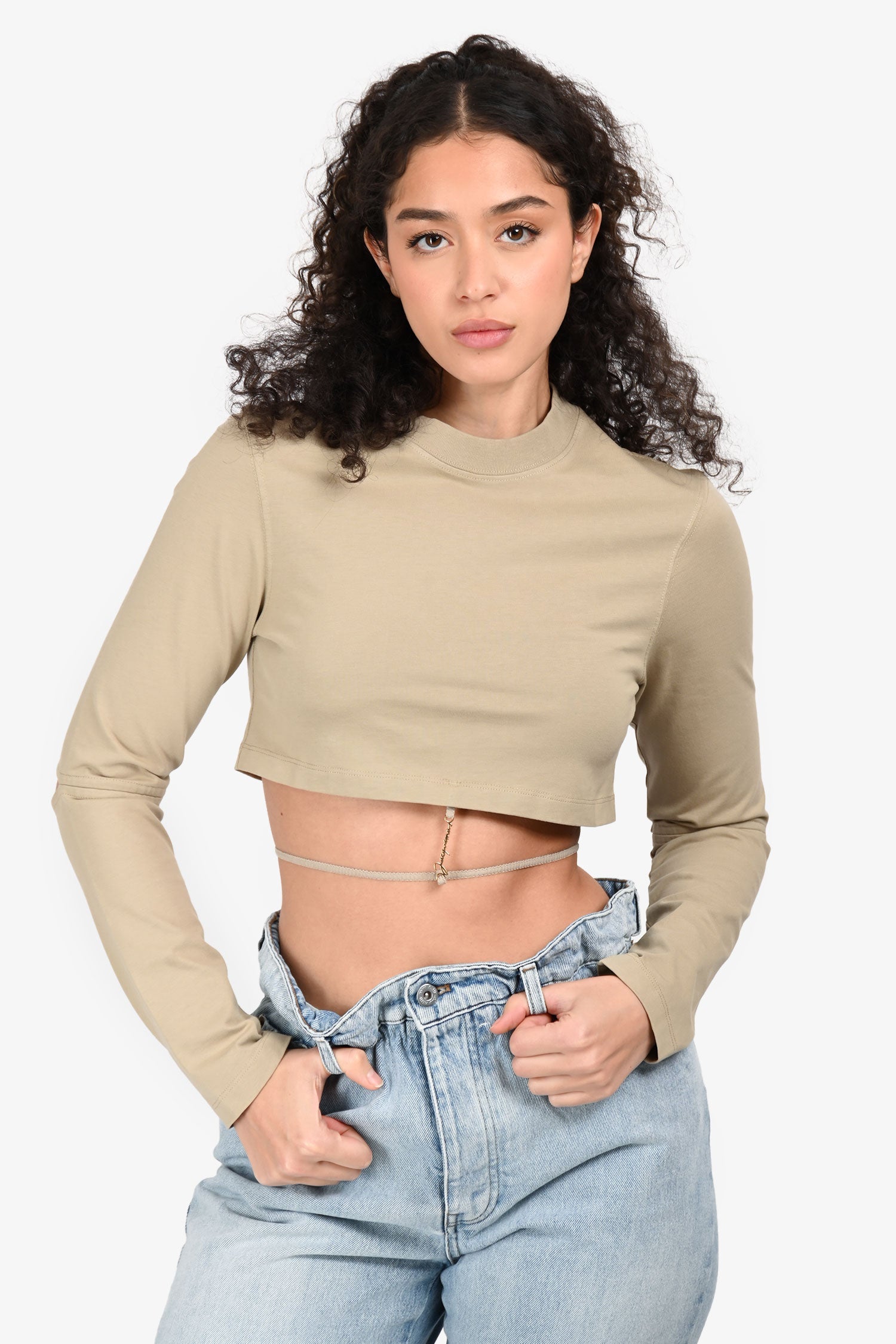 Jacquemus Beige Logo Strap Long Sleeve Cut Out Elbow Crop Top Size XS