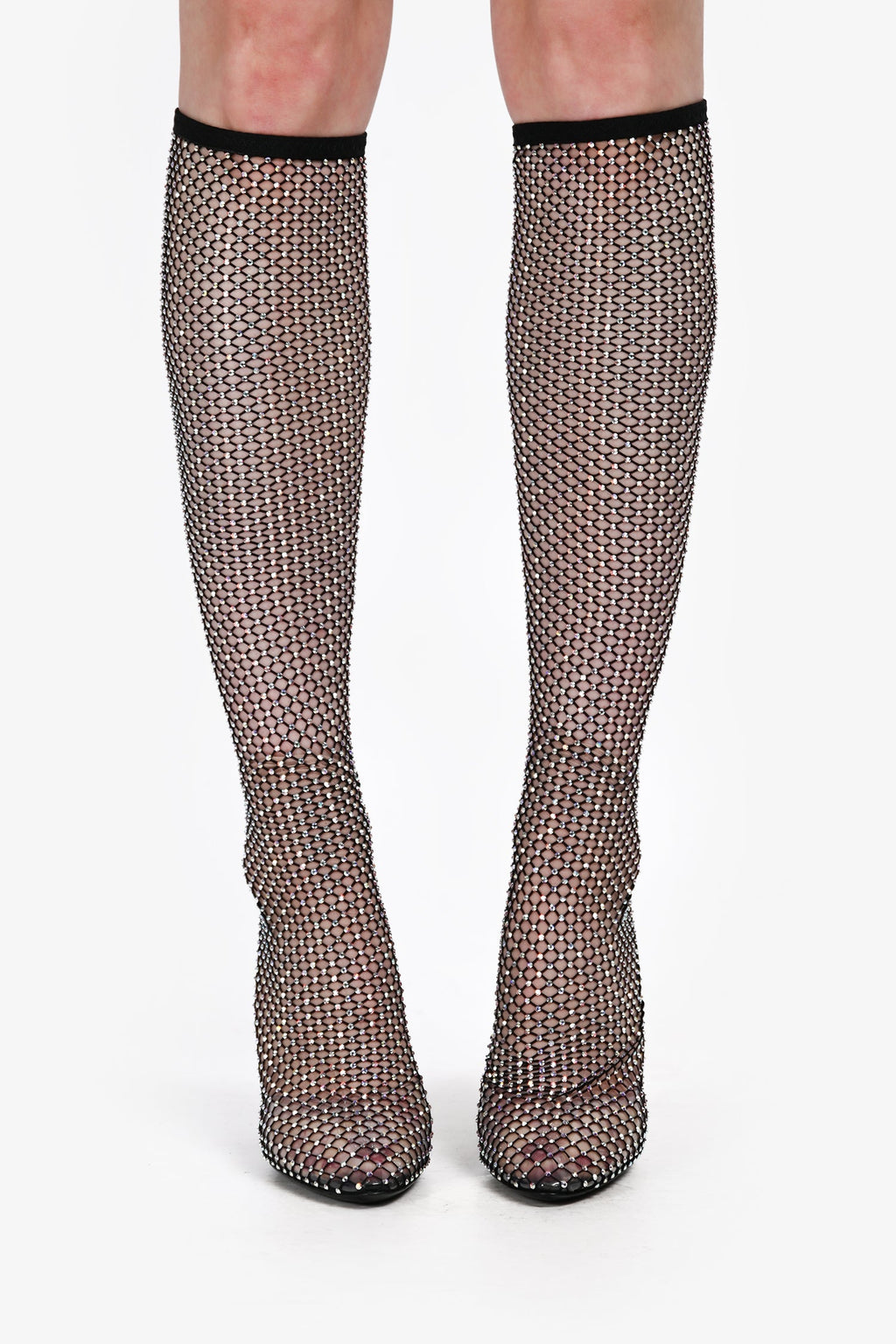 Saint Laurent Black Sheer Crystal Embellished Knee High Boots Size 37.5