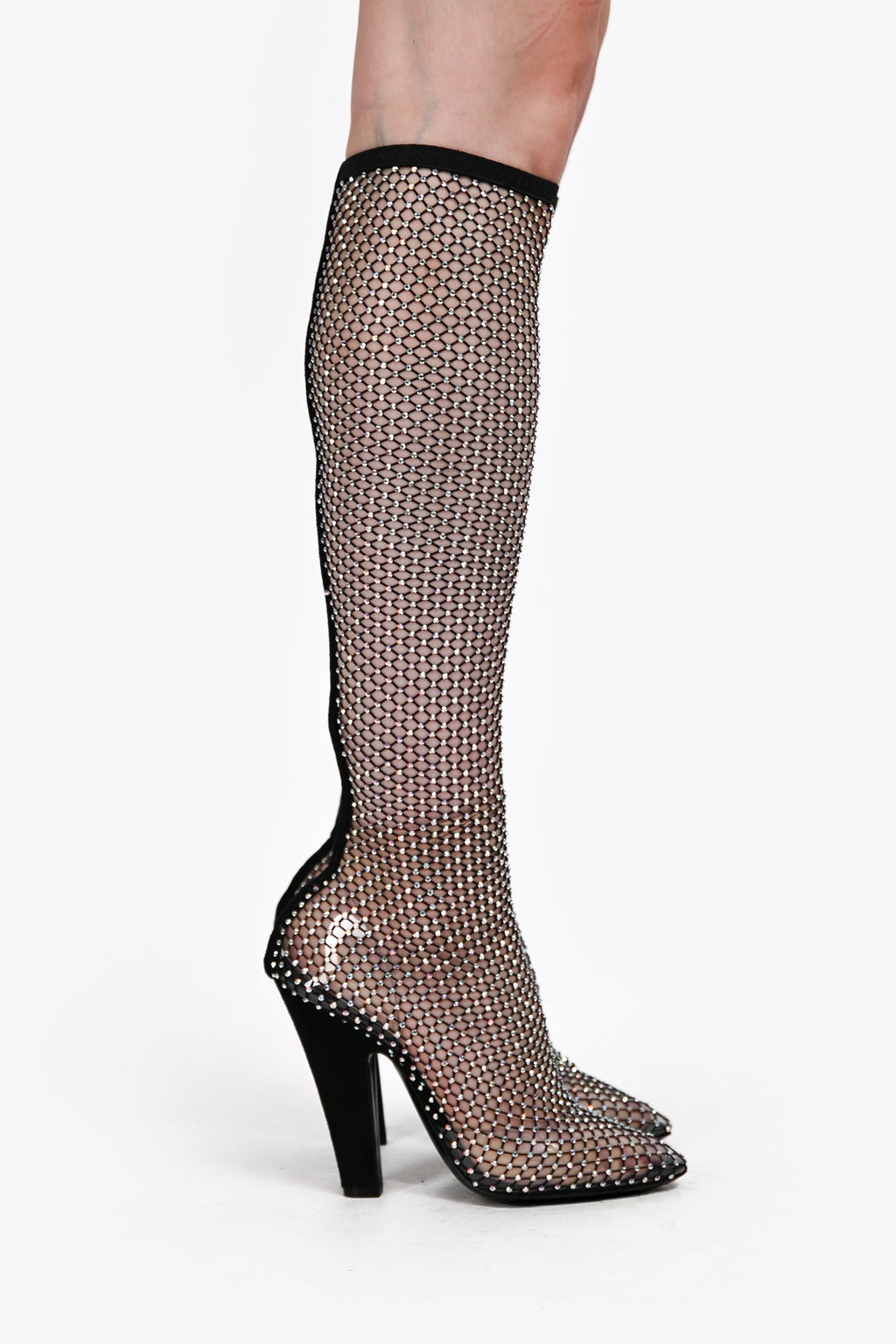 Saint Laurent Black Sheer Crystal Embellished Knee High Boots Size 37.5