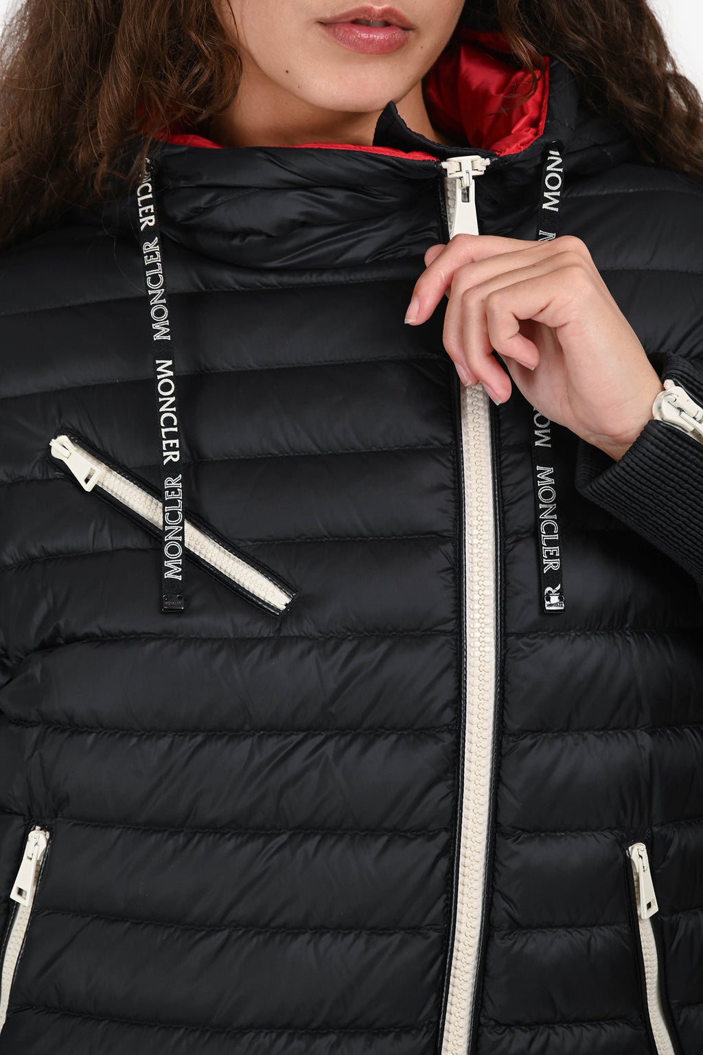 Moncler Black Asymmetrical White Zipper Hooded 'Stockholm' Puffer Jacket Size 0