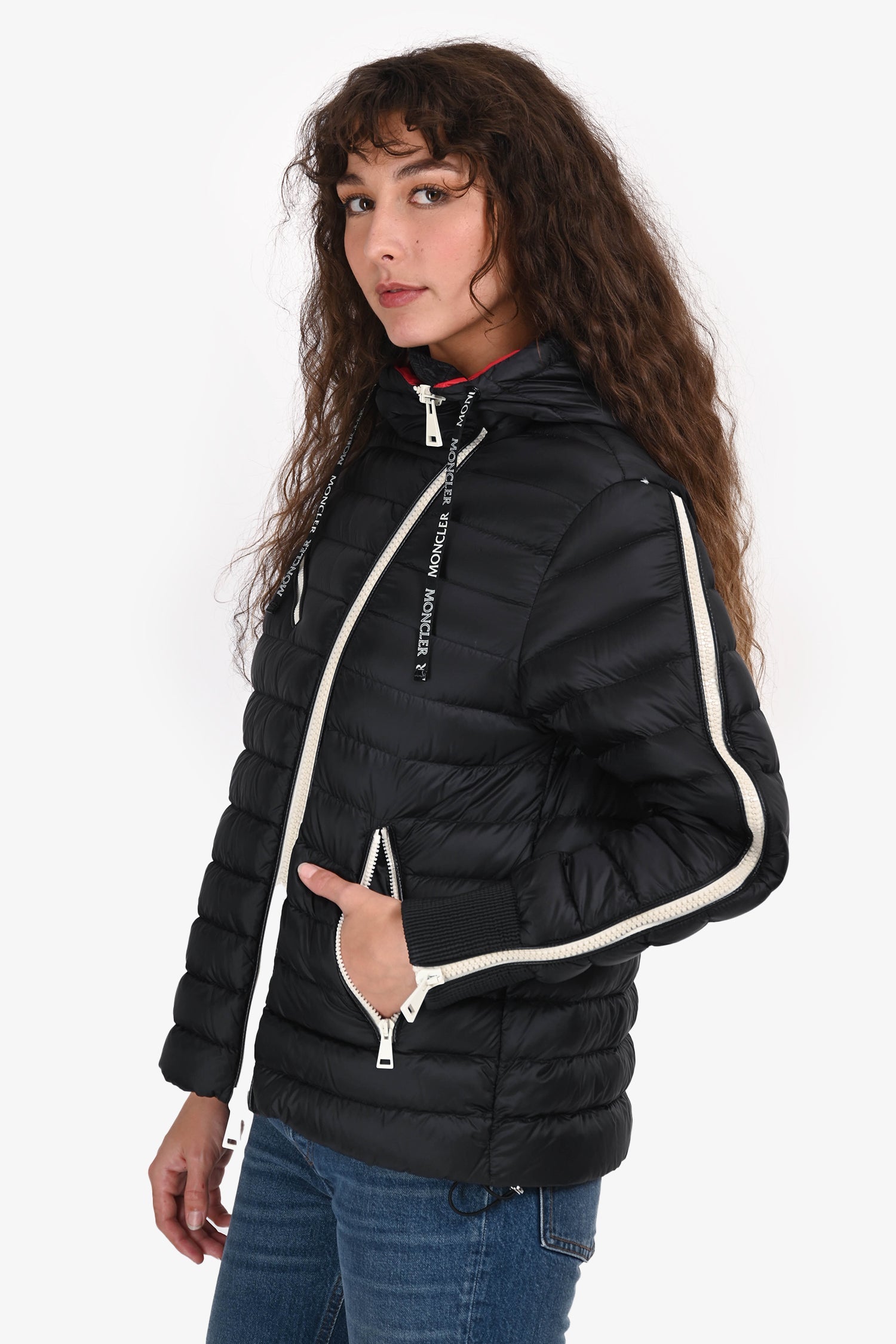 Moncler Black Asymmetrical White Zipper Hooded 'Stockholm' Puffer Jacket Size 0