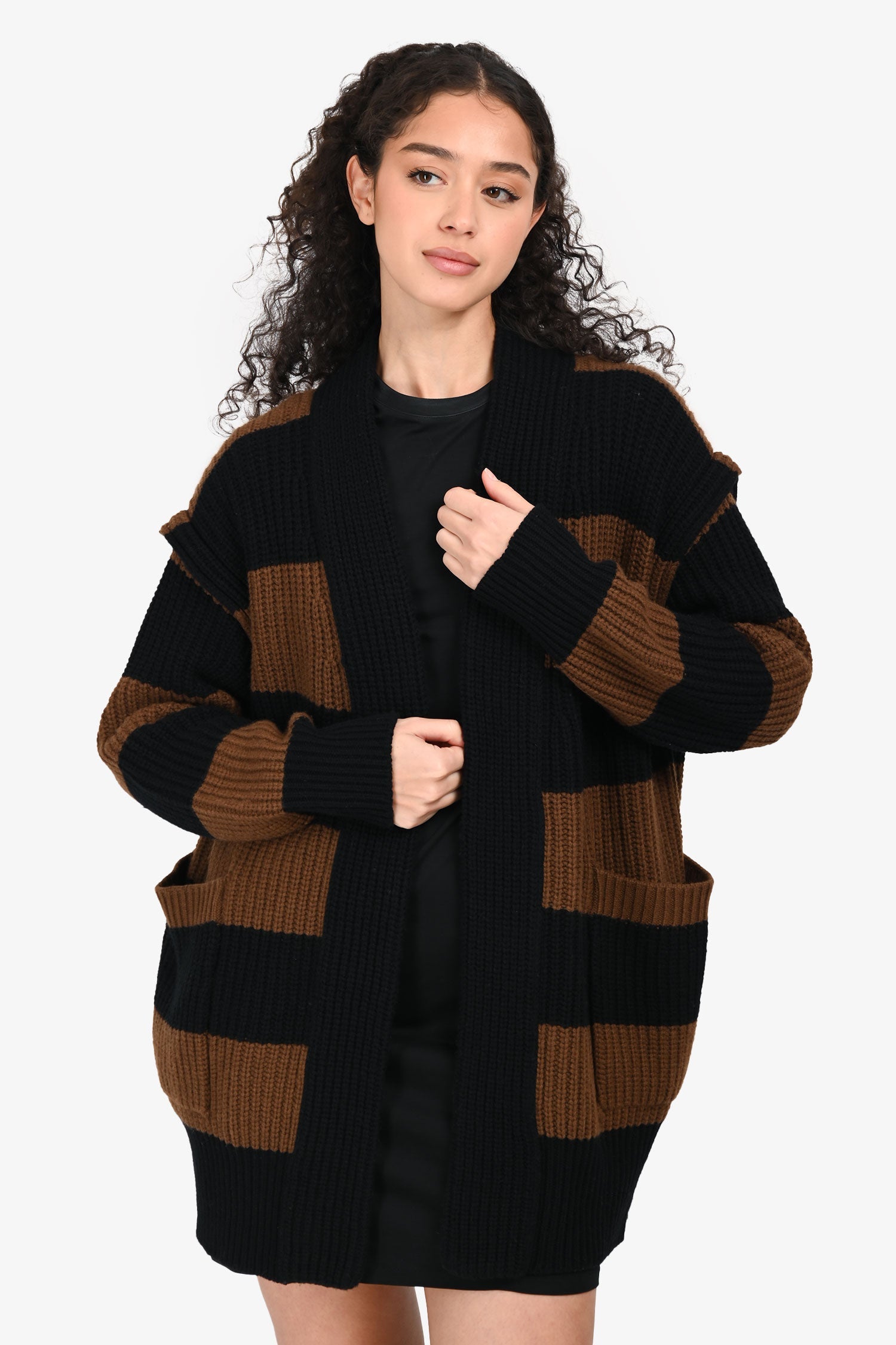 Max Mara Black/Brown Wool/Cashmere Striped igan Size XS