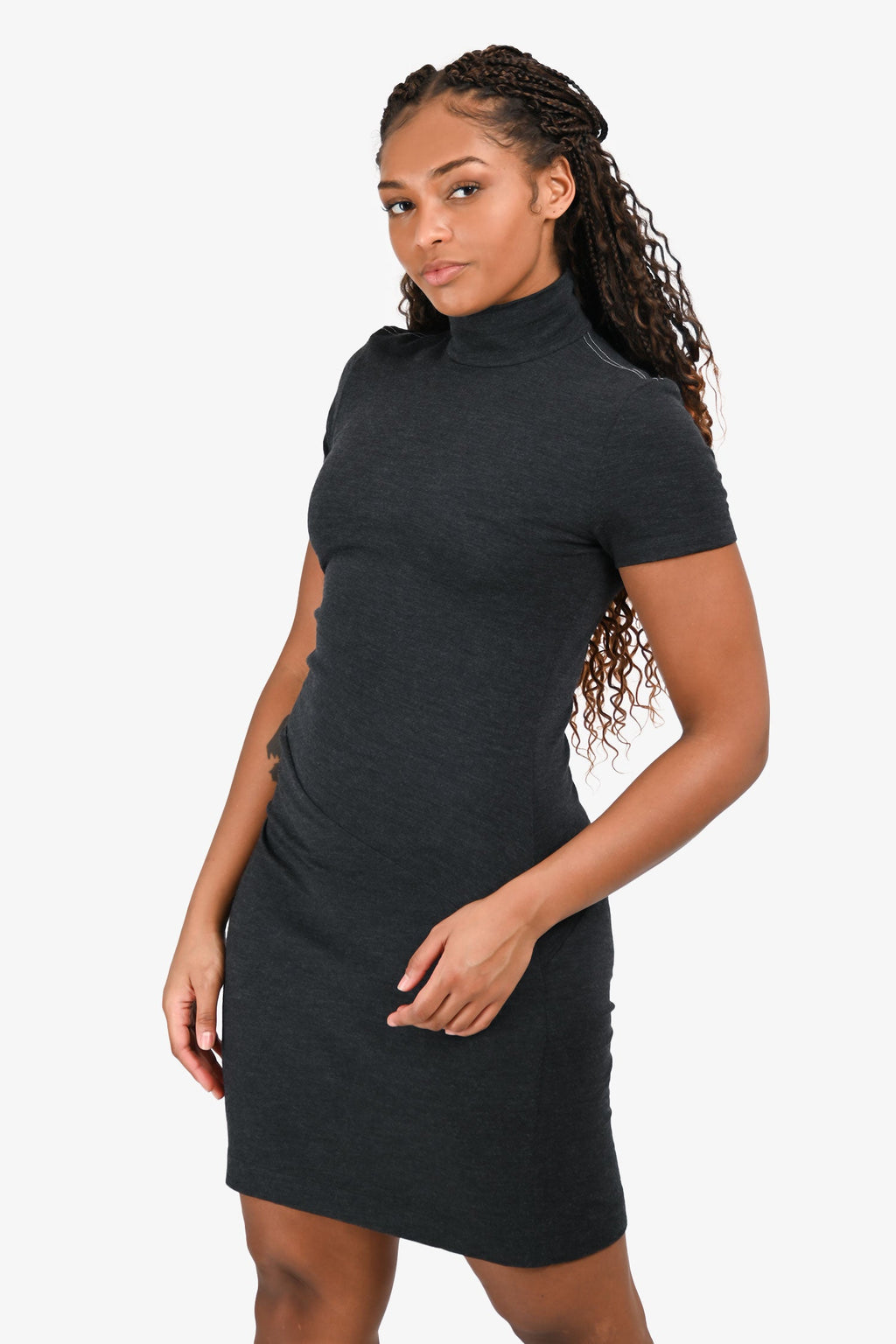 Brunello Cucinelli Grey Monoli Beaded Detail Mock Neck Midi Dress Size M