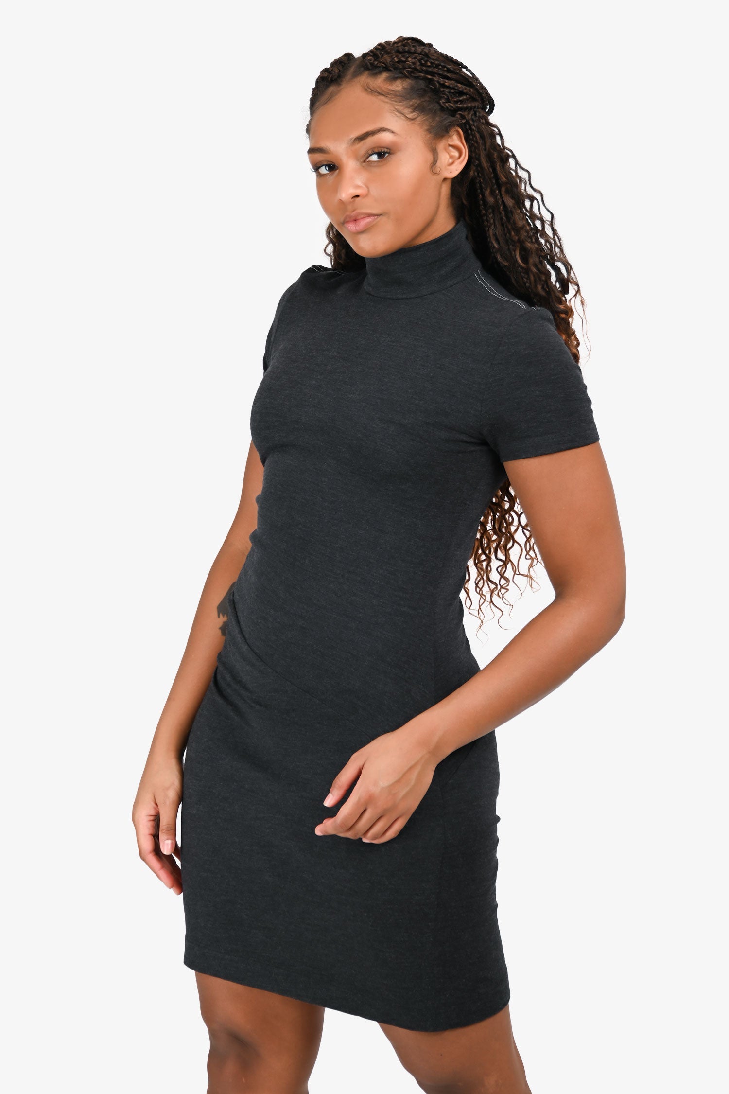 Brunello Cucinelli Grey Monoli Beaded Detail Mock Neck Midi Dress Size M