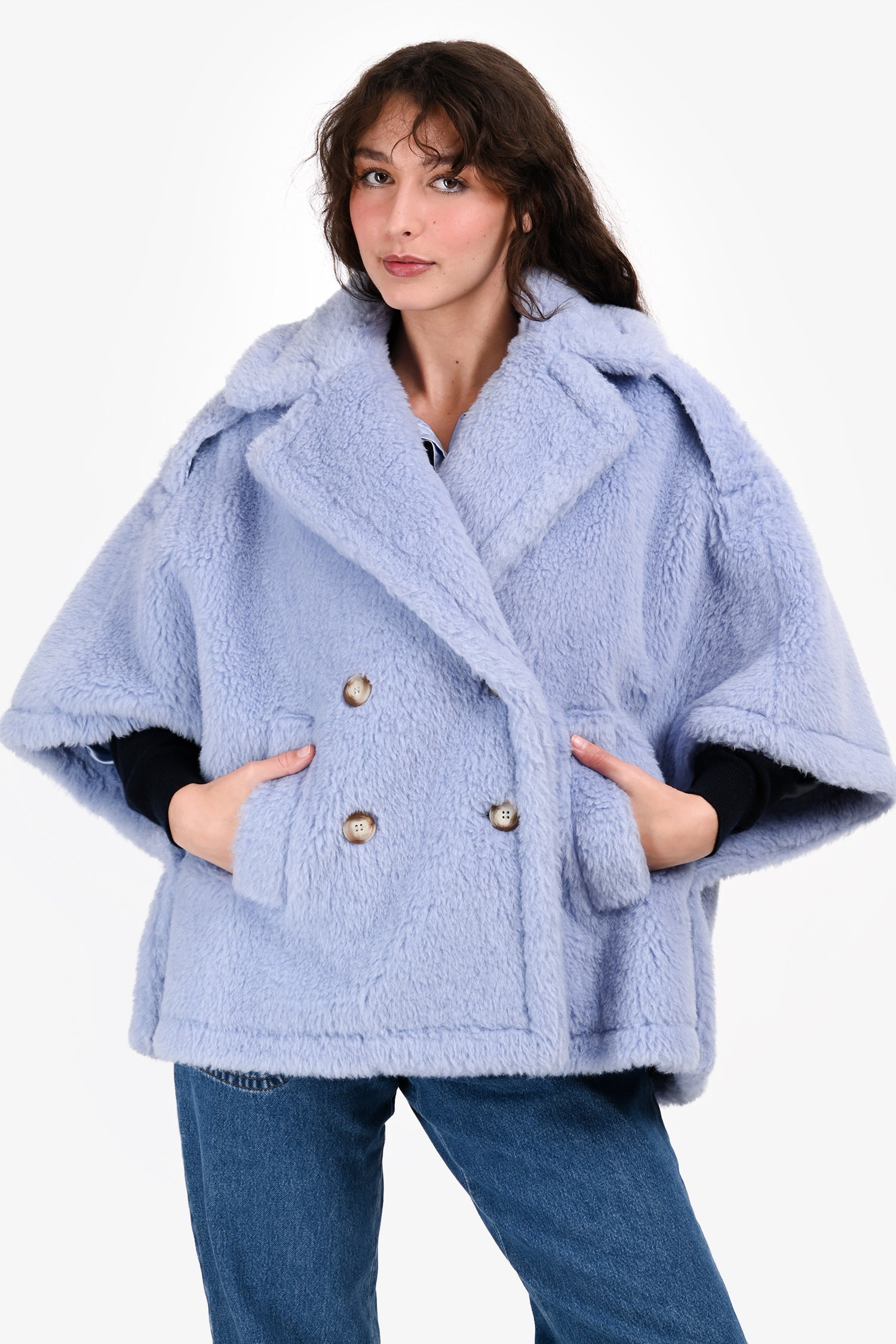 Max Mara Blue Alpaca/Wool Teddy Cape Jacket Size M