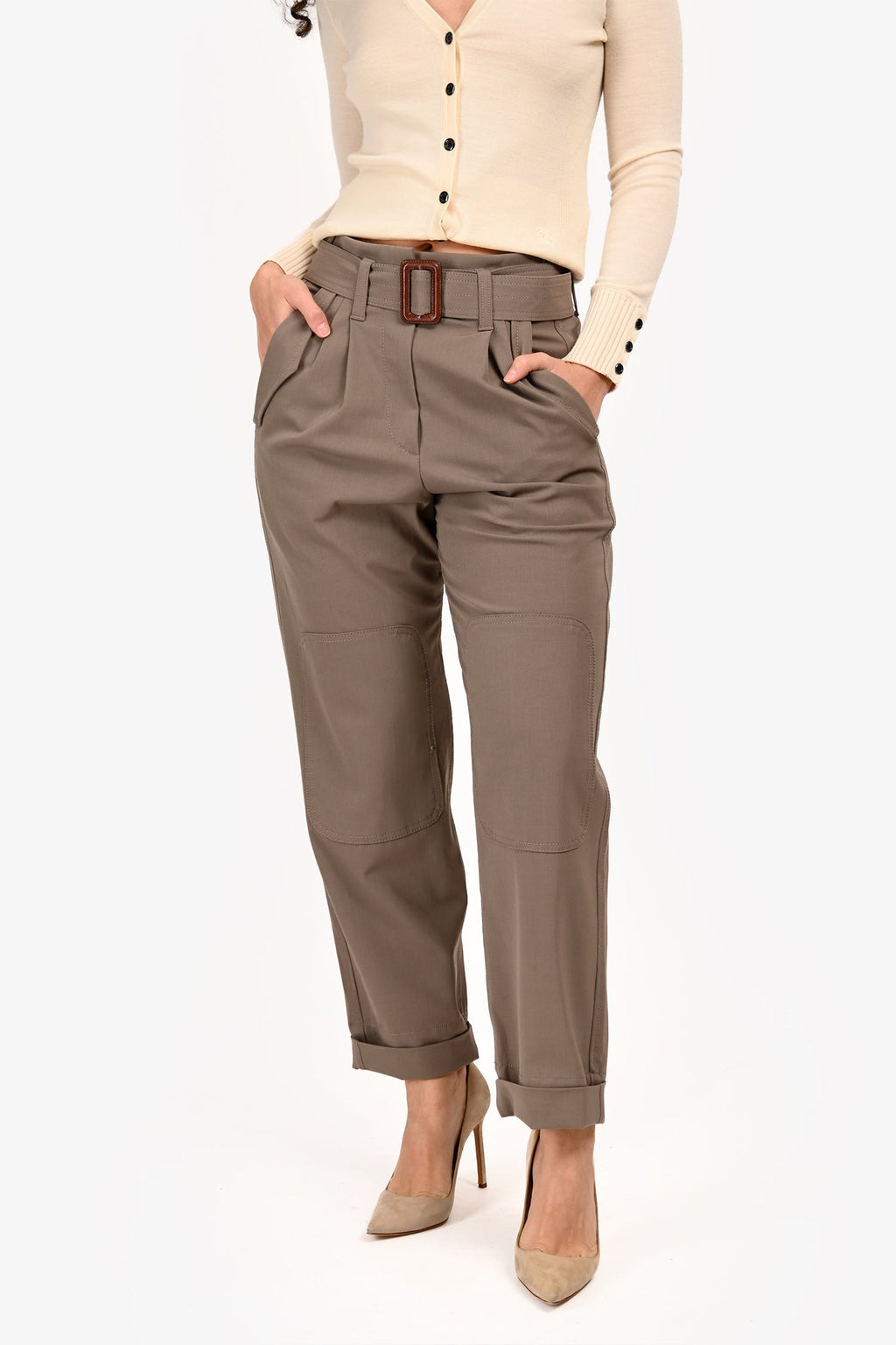 Brunello Cucinelli Khaiki Green Wool Belted Pants Size 2
