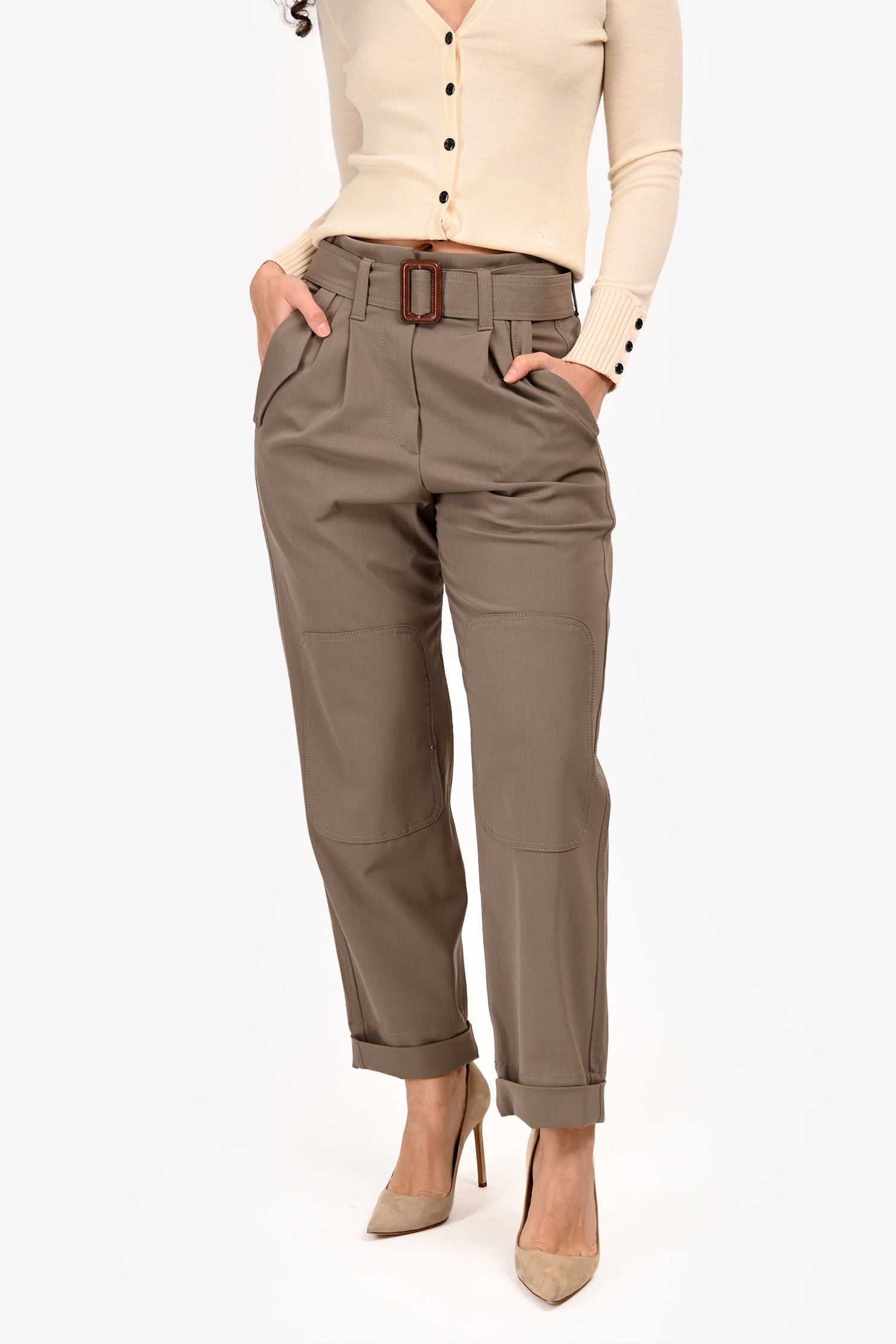 Brunello Cucinelli Khaiki Green Wool Belted Pants Size 2