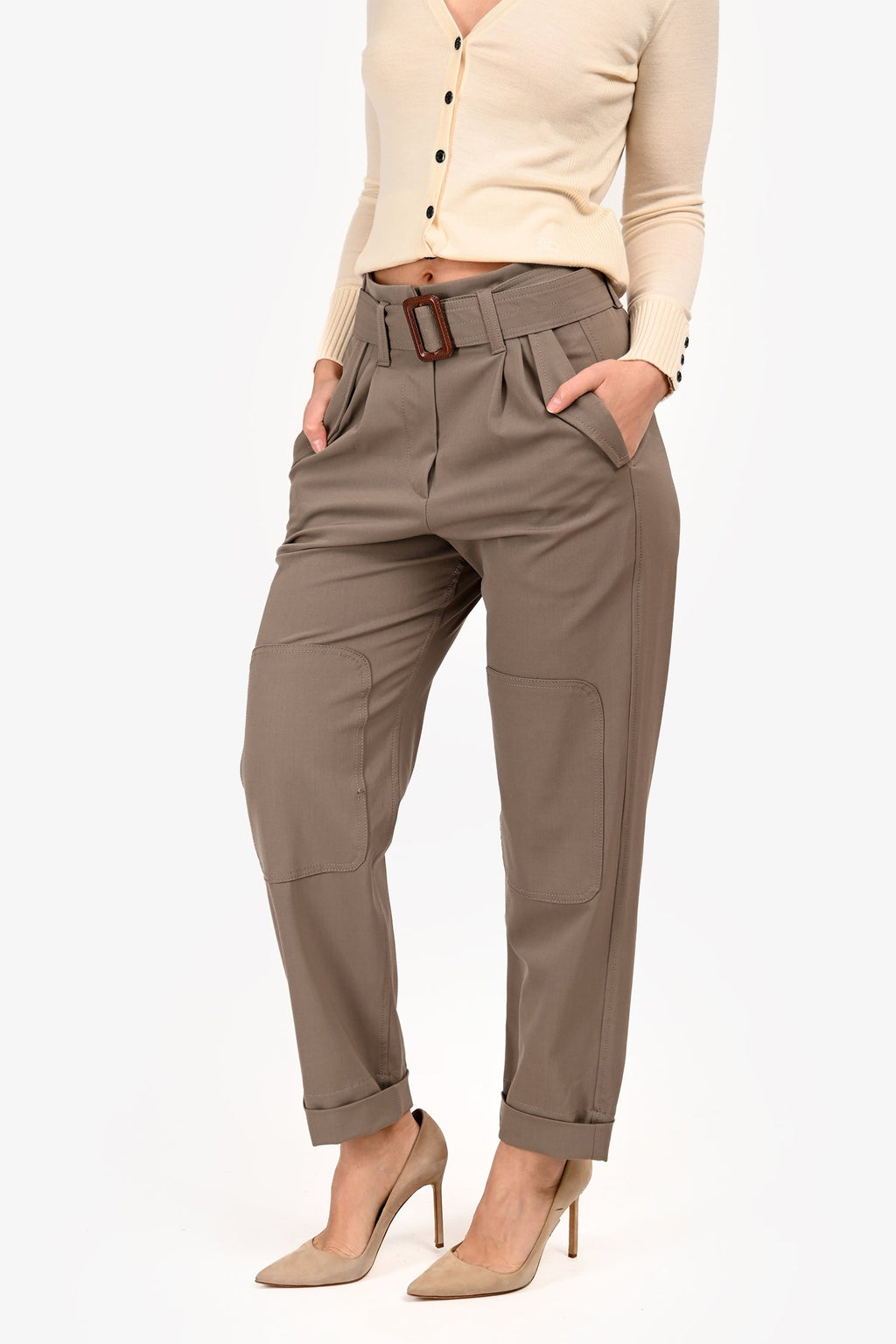 Brunello Cucinelli Khaiki Green Wool Belted Pants Size 2