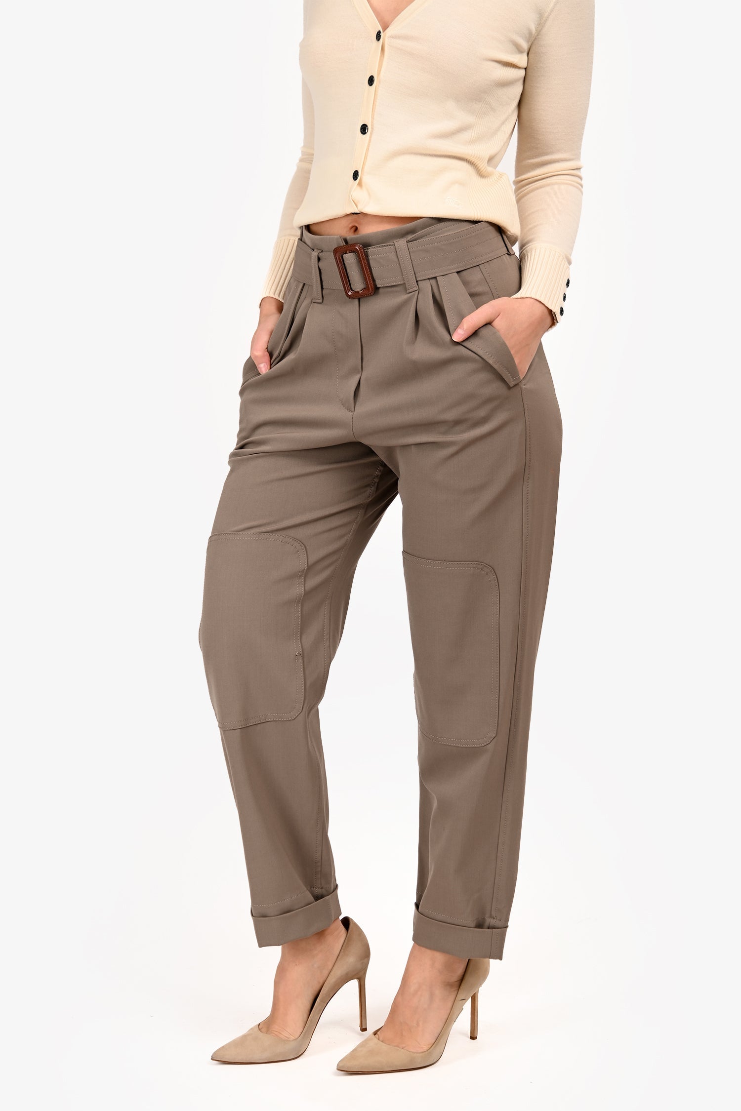 Brunello Cucinelli Khaiki Green Wool Belted Pants Size 2