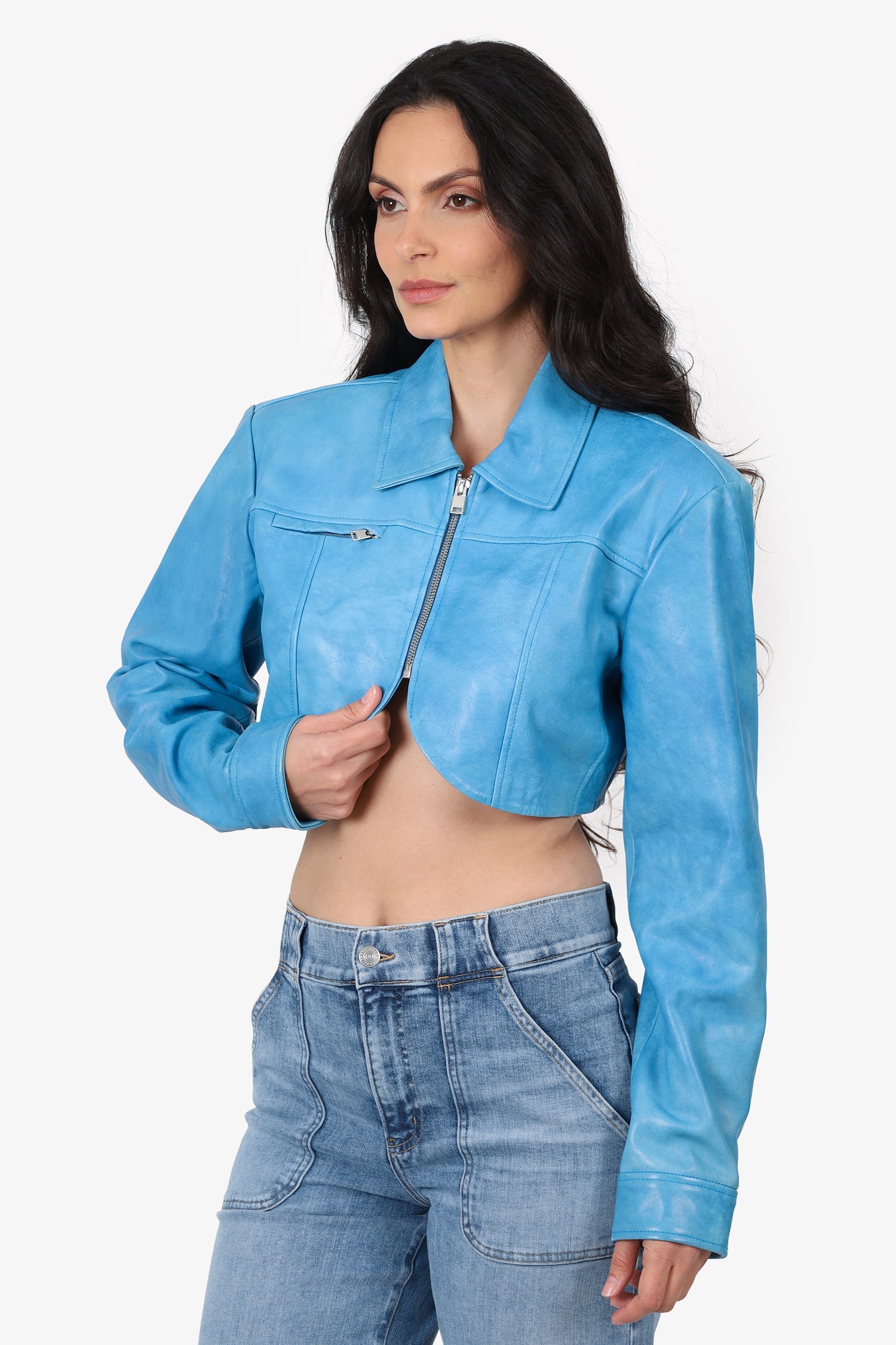 Lamaraque Blue Leather Cropped Jacket Size M