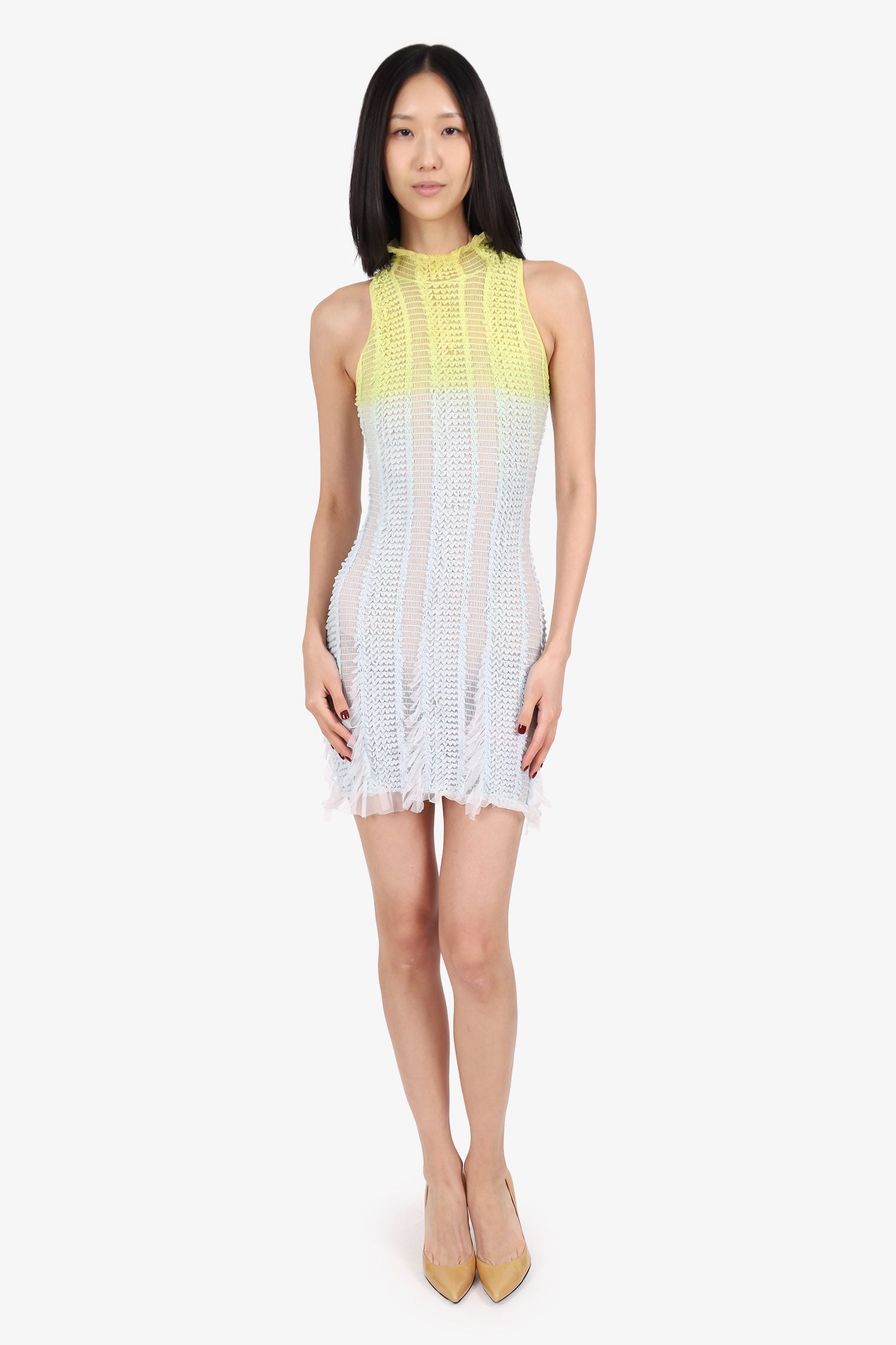 Roberta Einer Blue/Green Sheer Ruffle Sleeveless Dress Size S