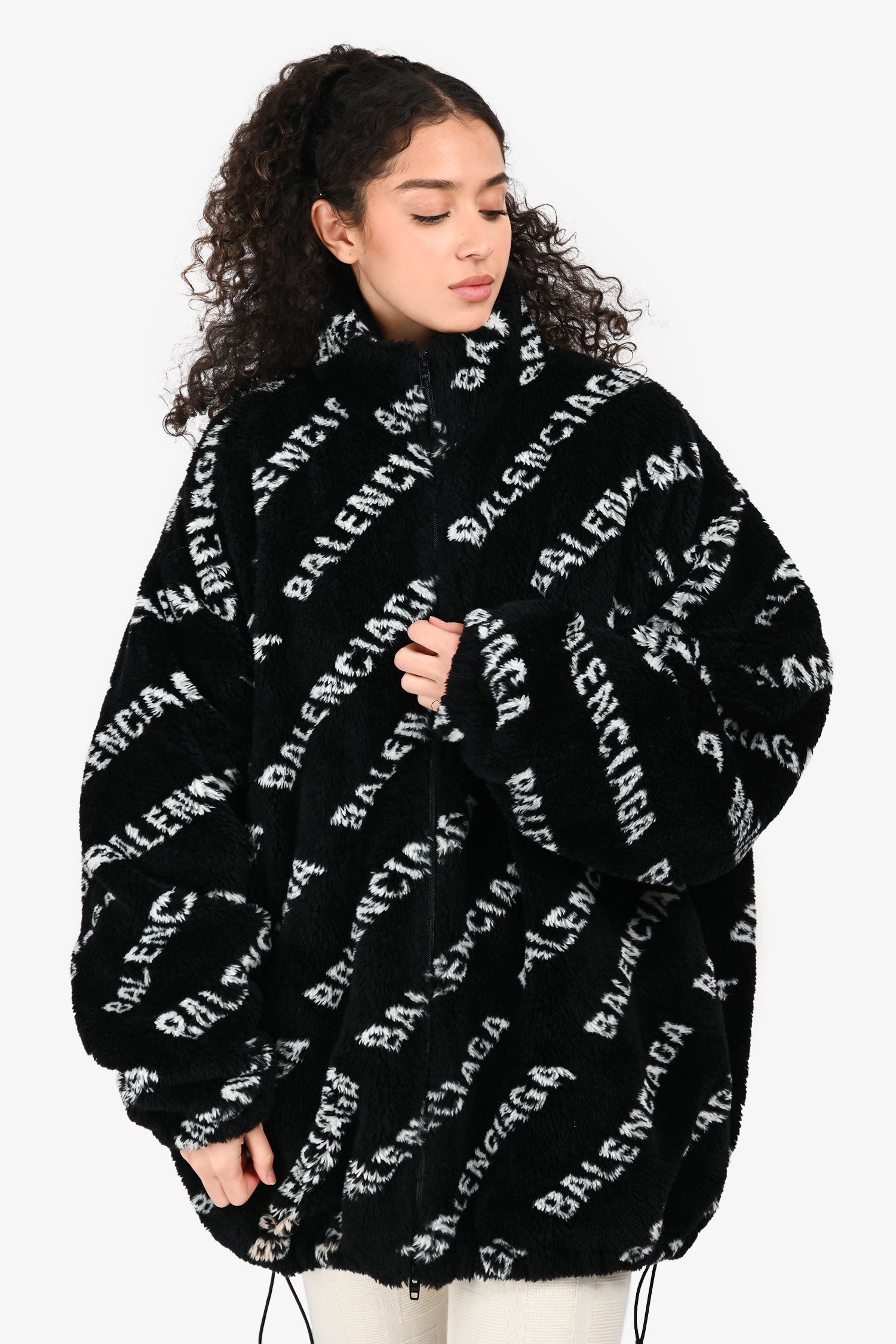 Balenciaga 2022 Black/White Monogram Sherpa Zip Up Jacket Size 36