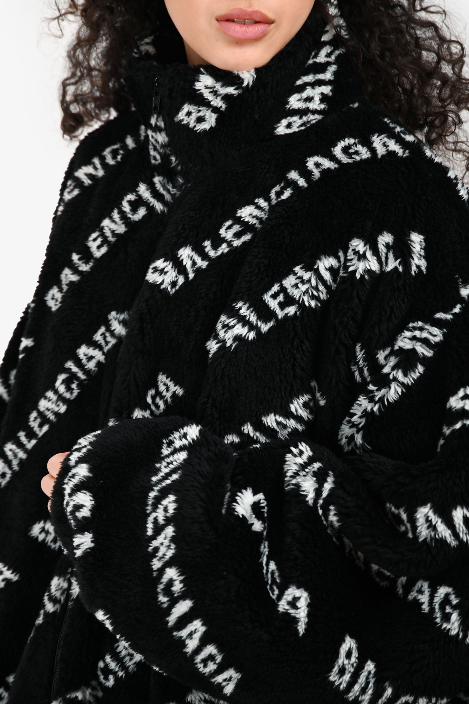 Balenciaga 2022 Black/White Monogram Sherpa Zip Up Jacket Size 36
