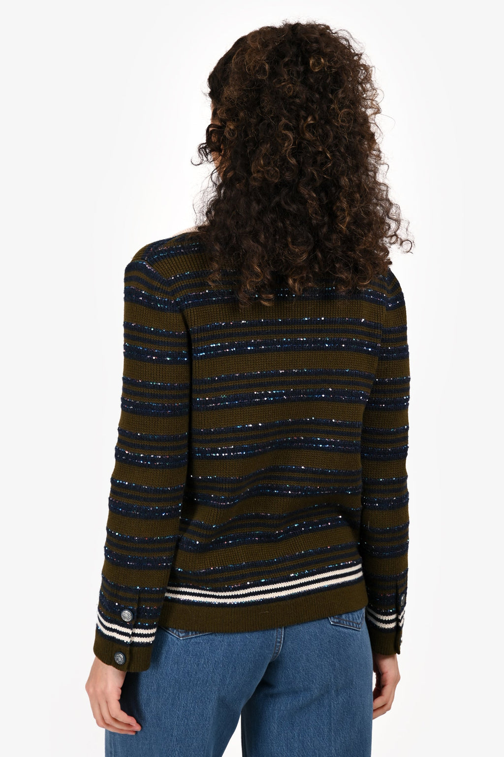 Pre-Loved Chanel™ Cruise 2020 Green/Blue Sequin Cashmere igan Size 36
