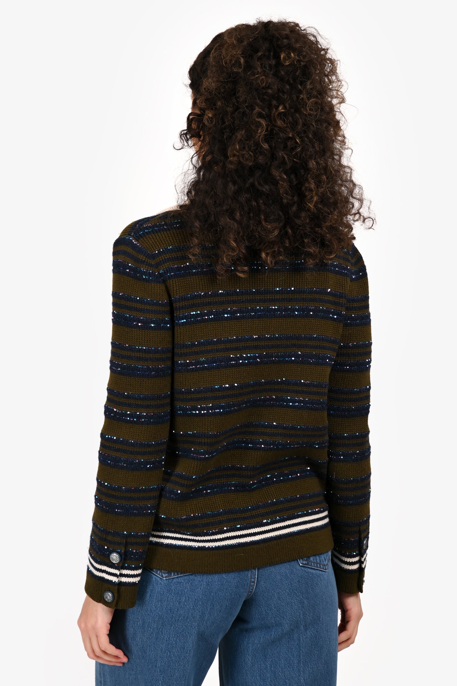 Pre-Loved Chanel™ Cruise 2020 Green/Blue Sequin Cashmere igan Size 36