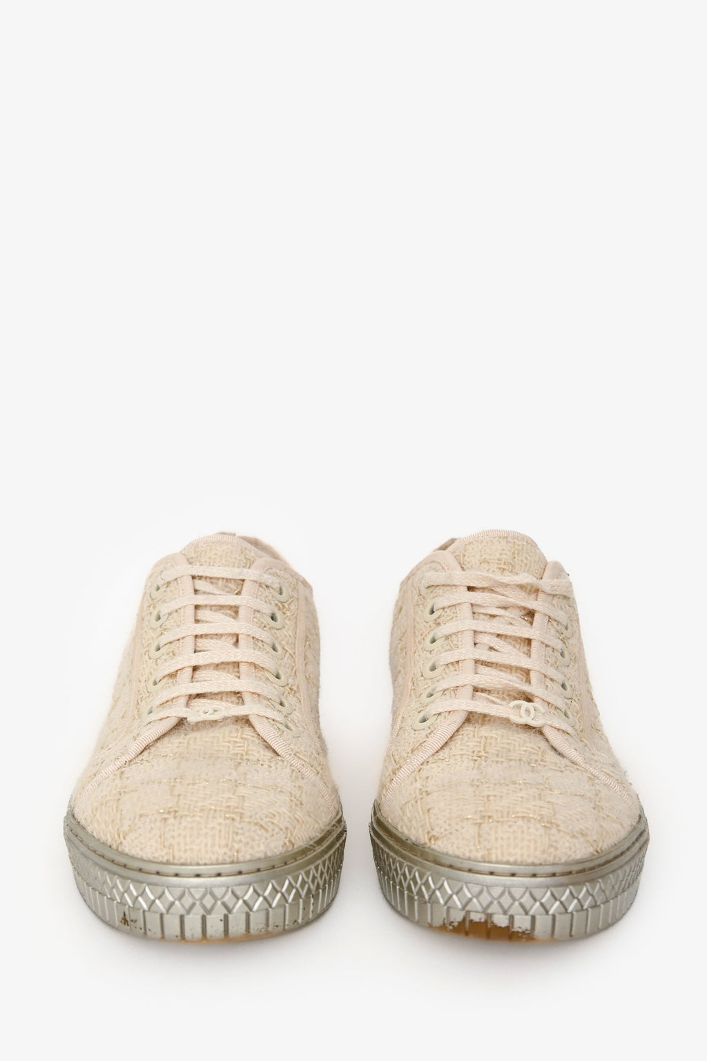 Pre-Loved Chanel™ Cream/Slilver Tweed Lace Up Sneaker Size 41