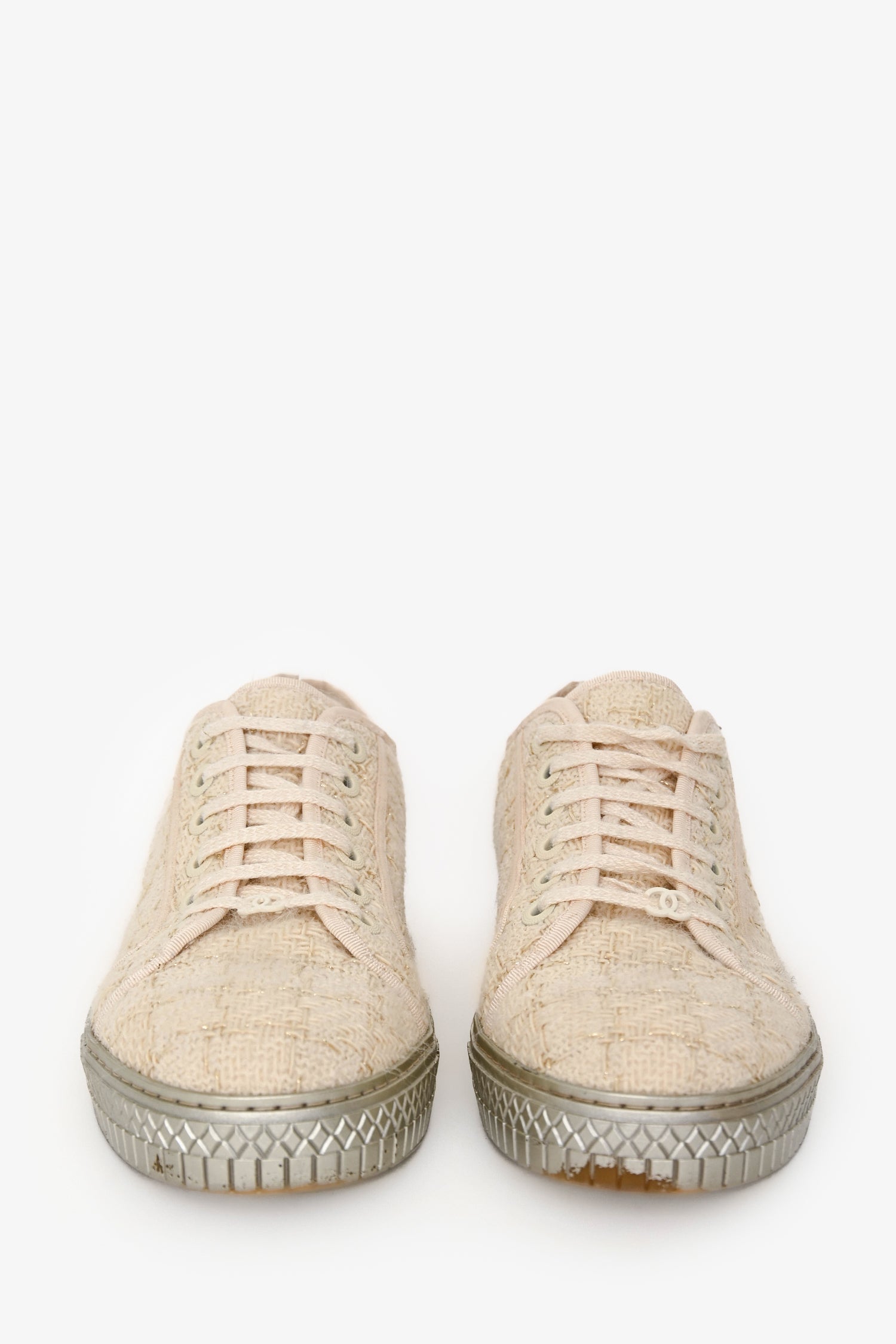 Pre-Loved Chanel™ Cream/Slilver Tweed Lace Up Sneaker Size 41