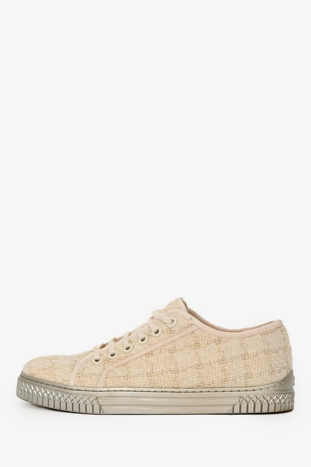 Pre-Loved Chanel™ Cream/Slilver Tweed Lace Up Sneaker Size 41