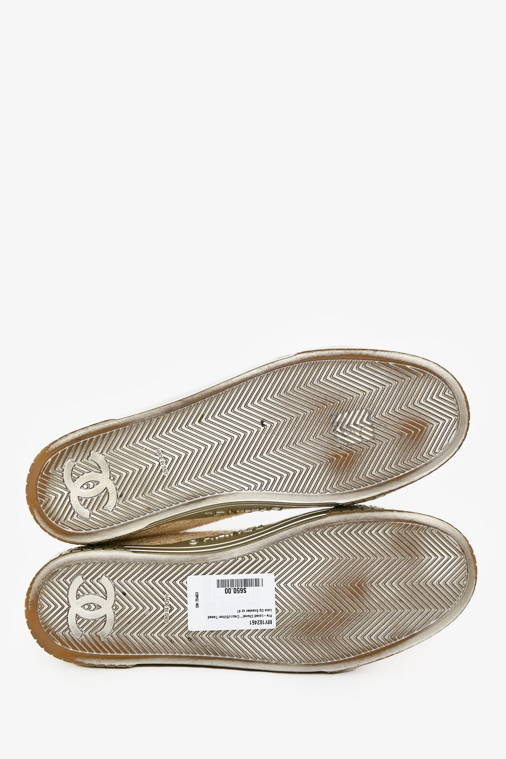 Pre-Loved Chanel™ Cream/Slilver Tweed Lace Up Sneaker Size 41