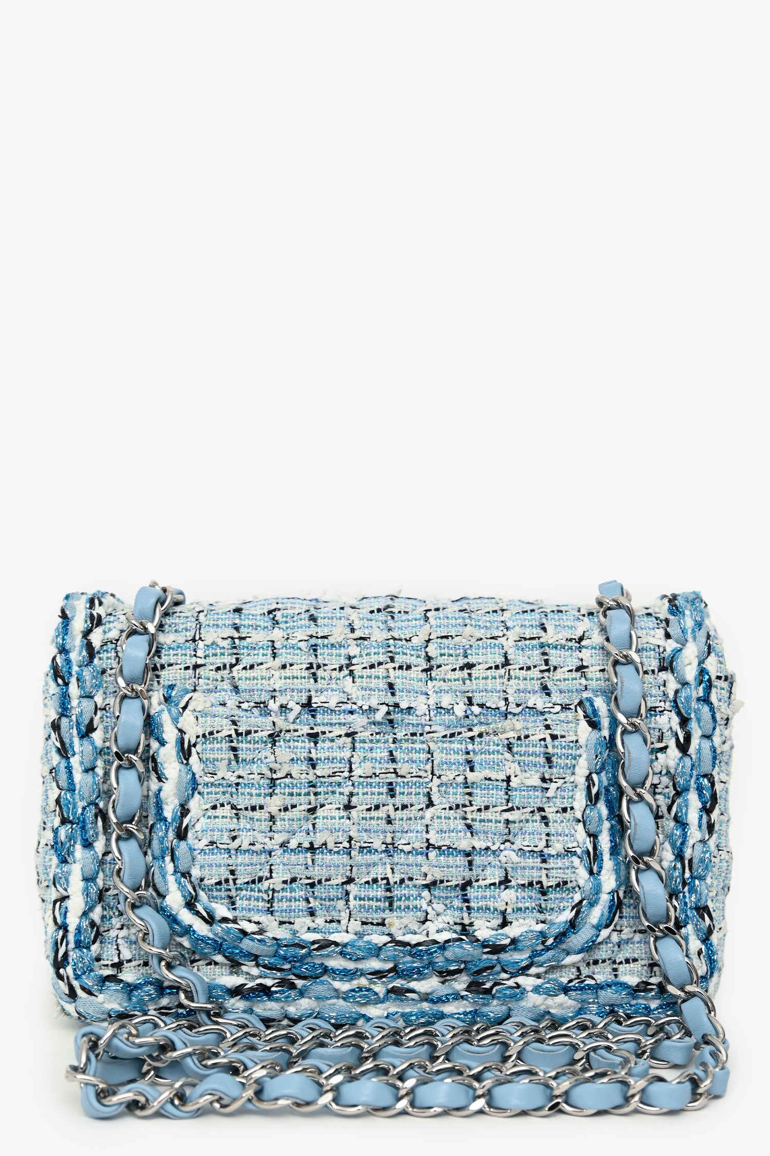 Pre-Loved Chanel™ 2019C Blue Tweed Mini Single Flap Silver Hardware