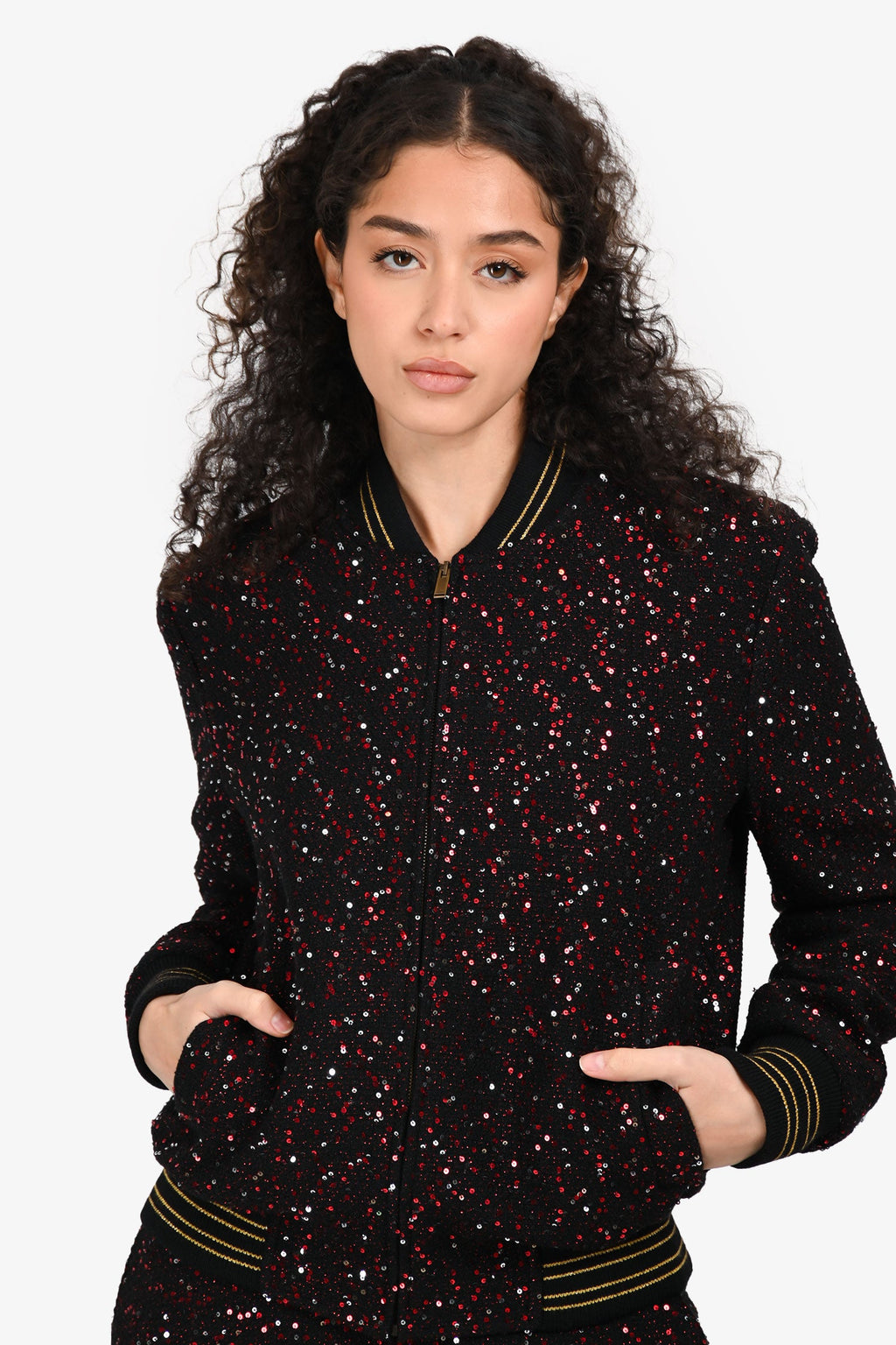 Saint Laurent 2018 Black/Red Sequin Bomber Jacket Size F38 Mens