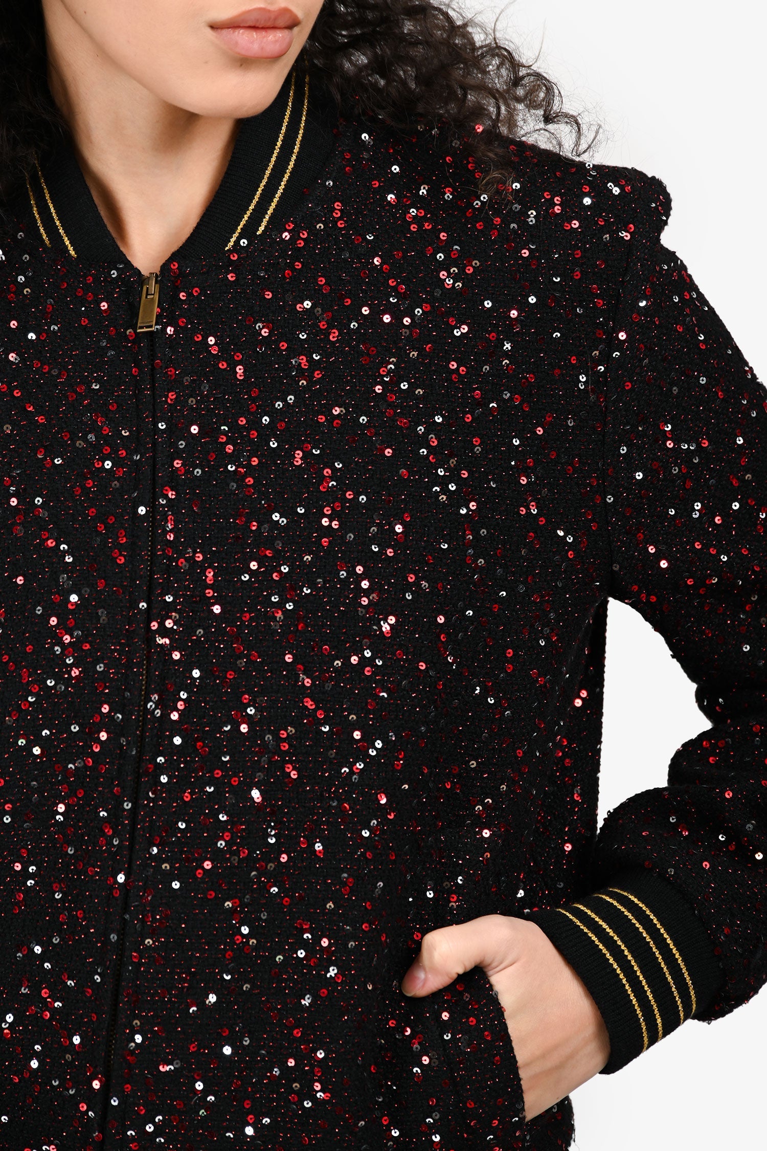 Saint Laurent 2018 Black/Red Sequin Bomber Jacket Size F38 Mens