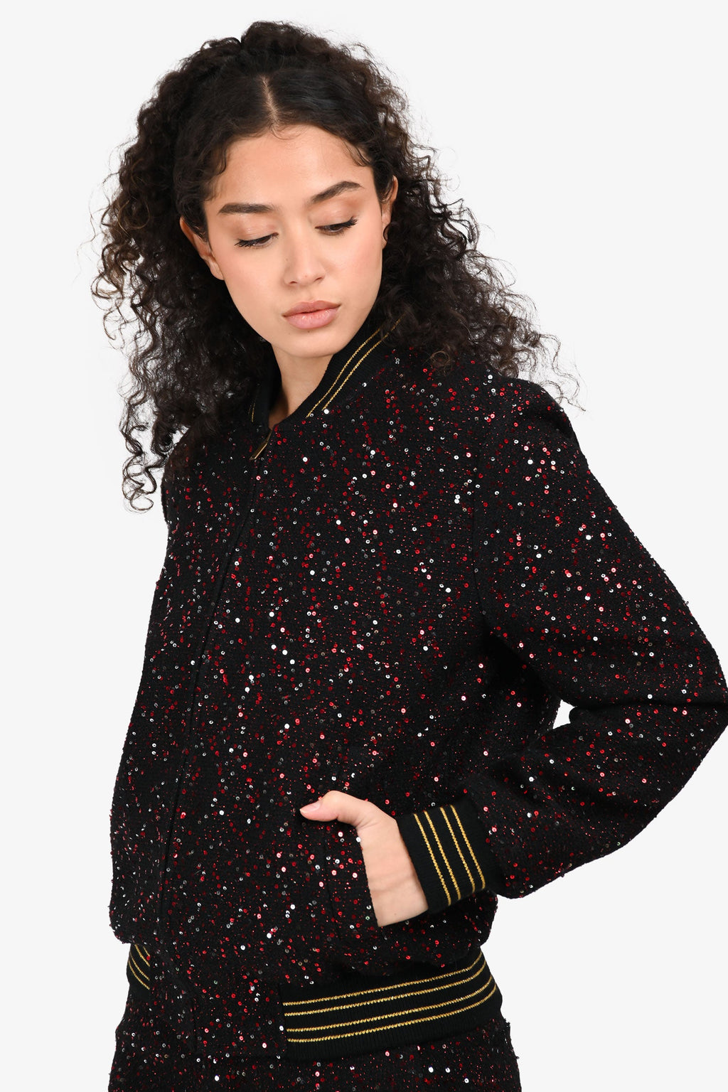 Saint Laurent 2018 Black/Red Sequin Bomber Jacket Size F38 Mens