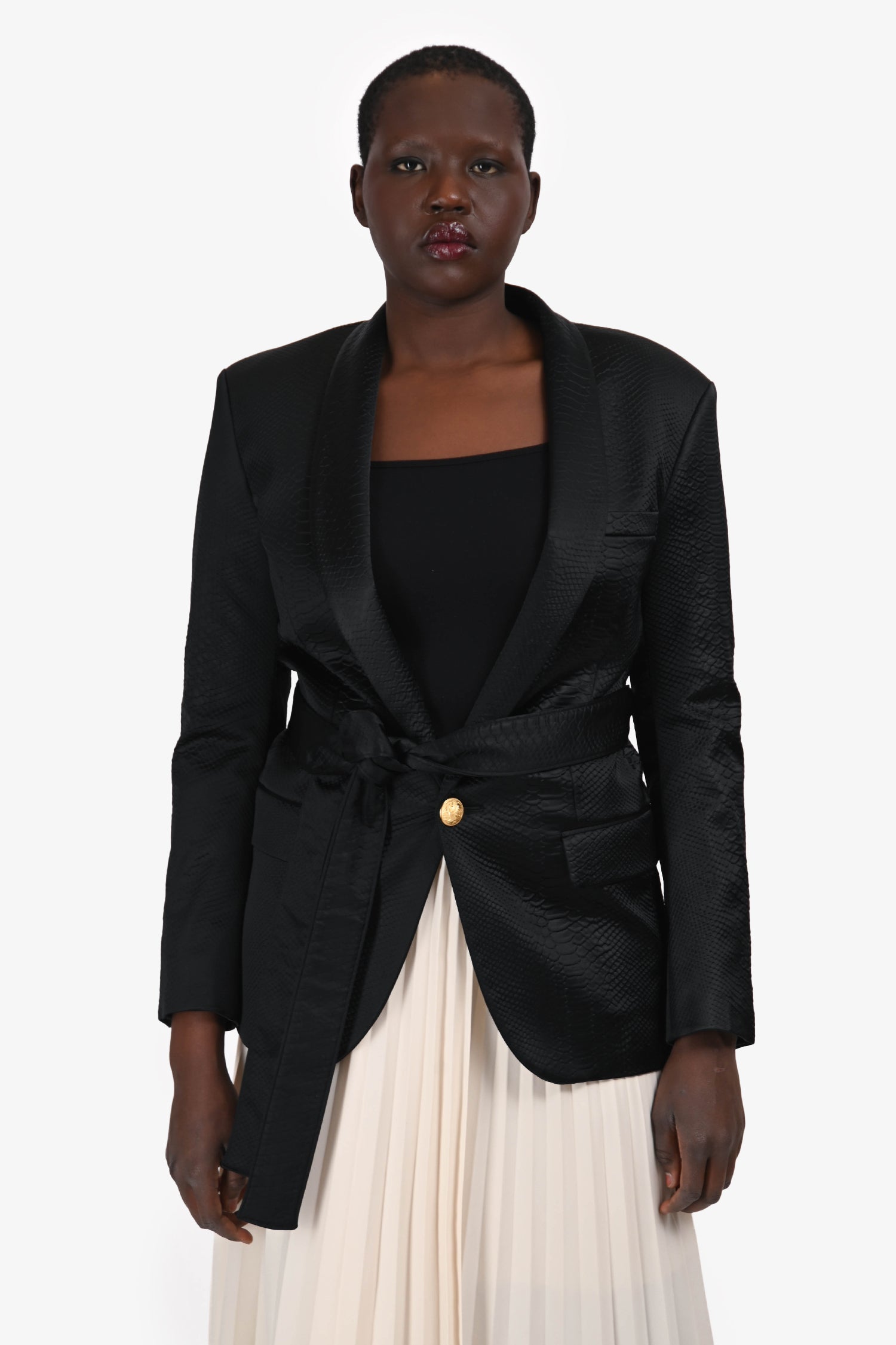 Balmain Black Snake Embossed Belted Blazer Size 46