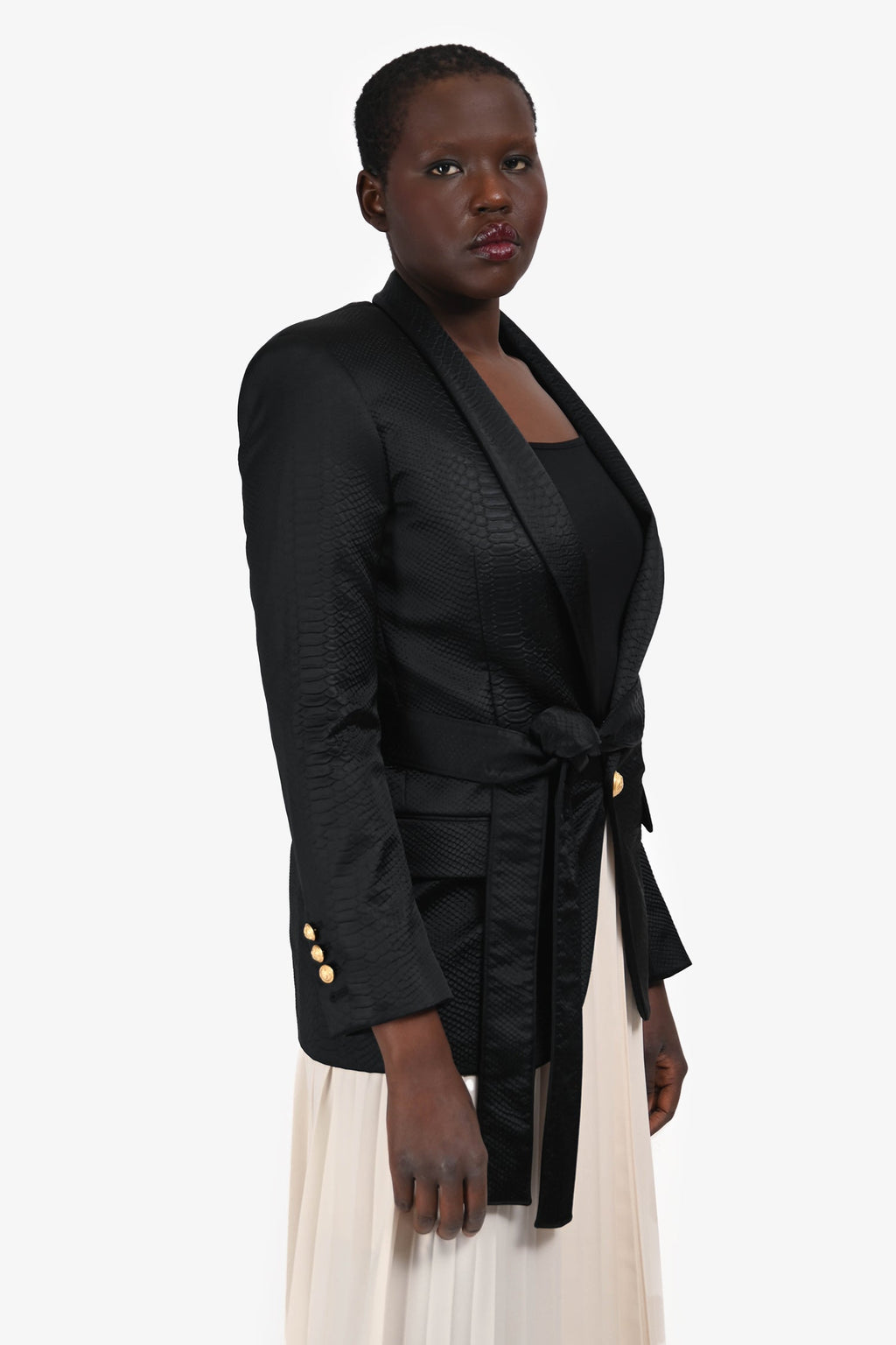 Balmain Black Snake Embossed Belted Blazer Size 46