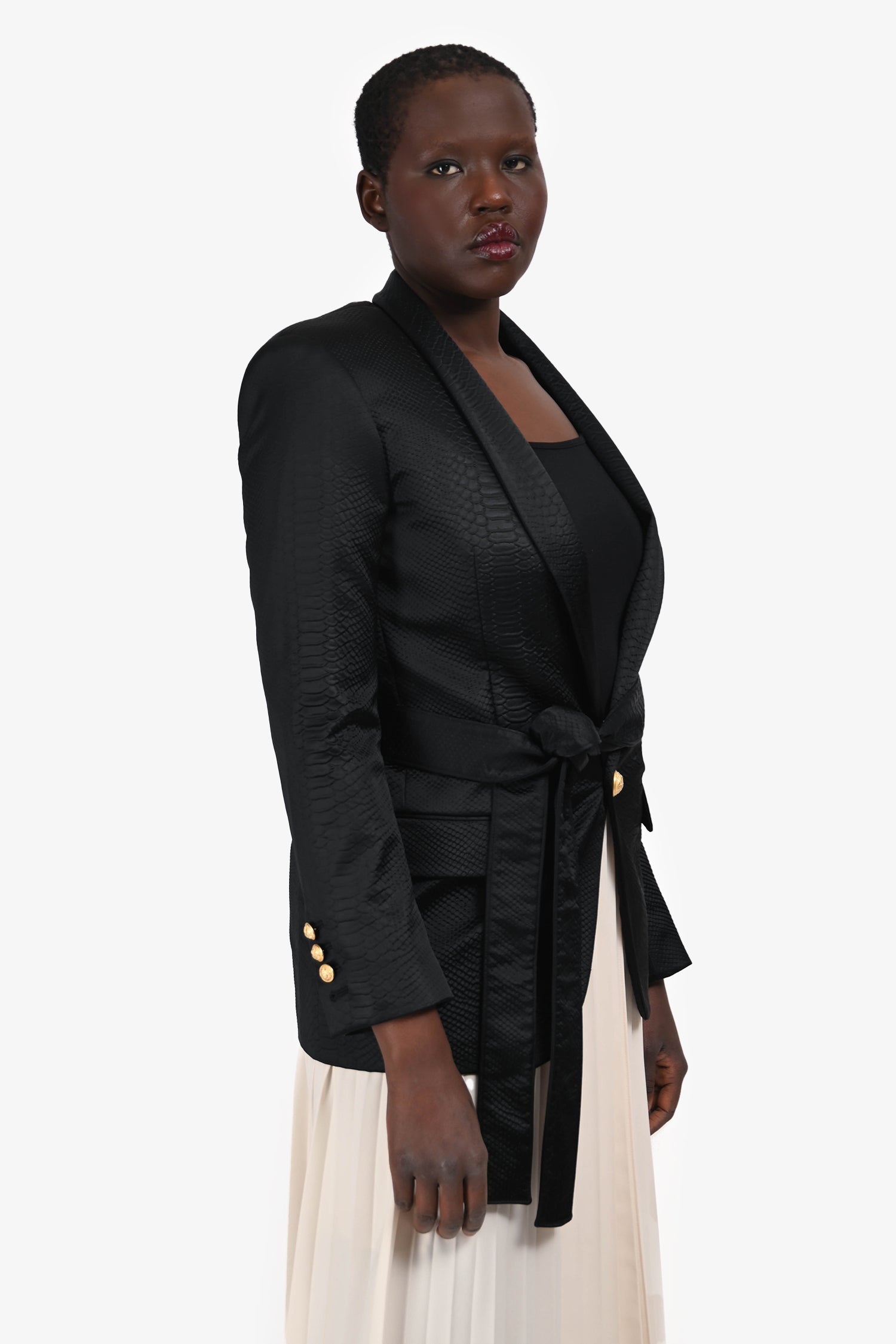 Balmain Black Snake Embossed Belted Blazer Size 46