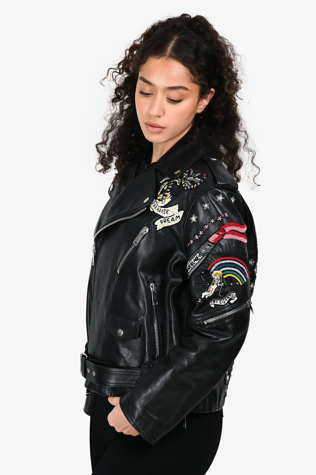 Valentino Black Leather Tattoo Embroidered Biker Jacket Size 38