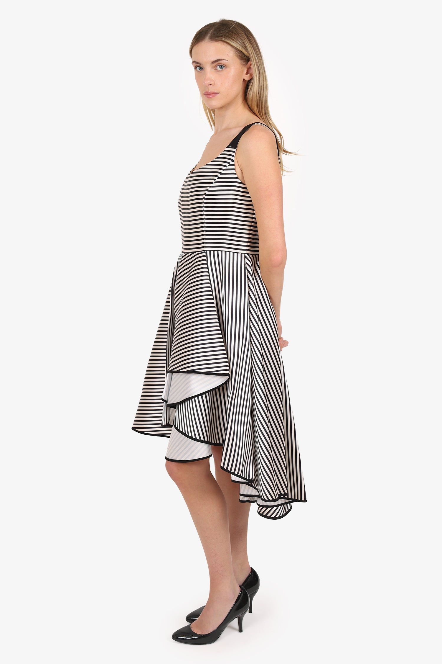 Halston Black/White Stripe Asymmetric Ruffle Hem Dress Size 12