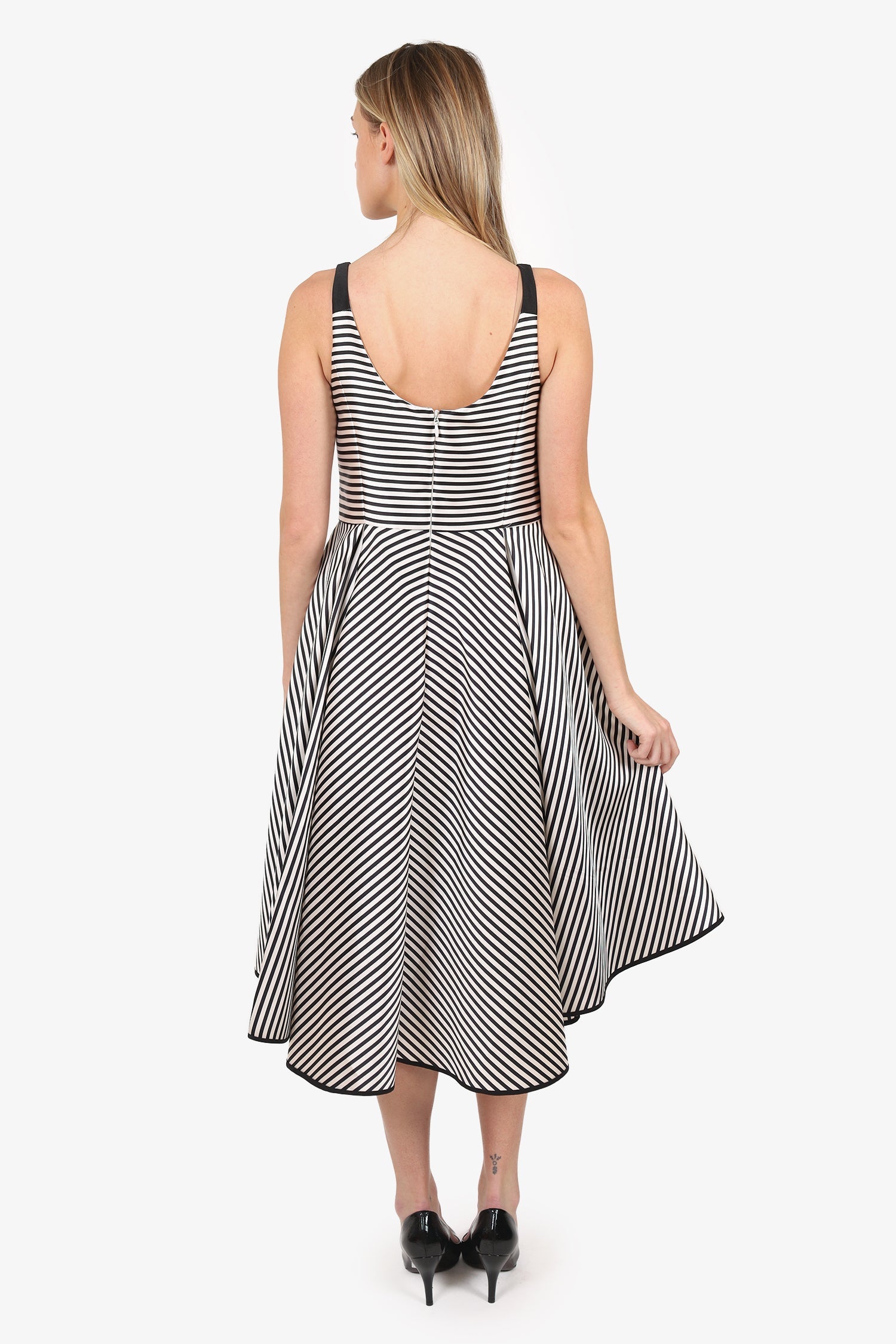 Halston Black/White Stripe Asymmetric Ruffle Hem Dress Size 12