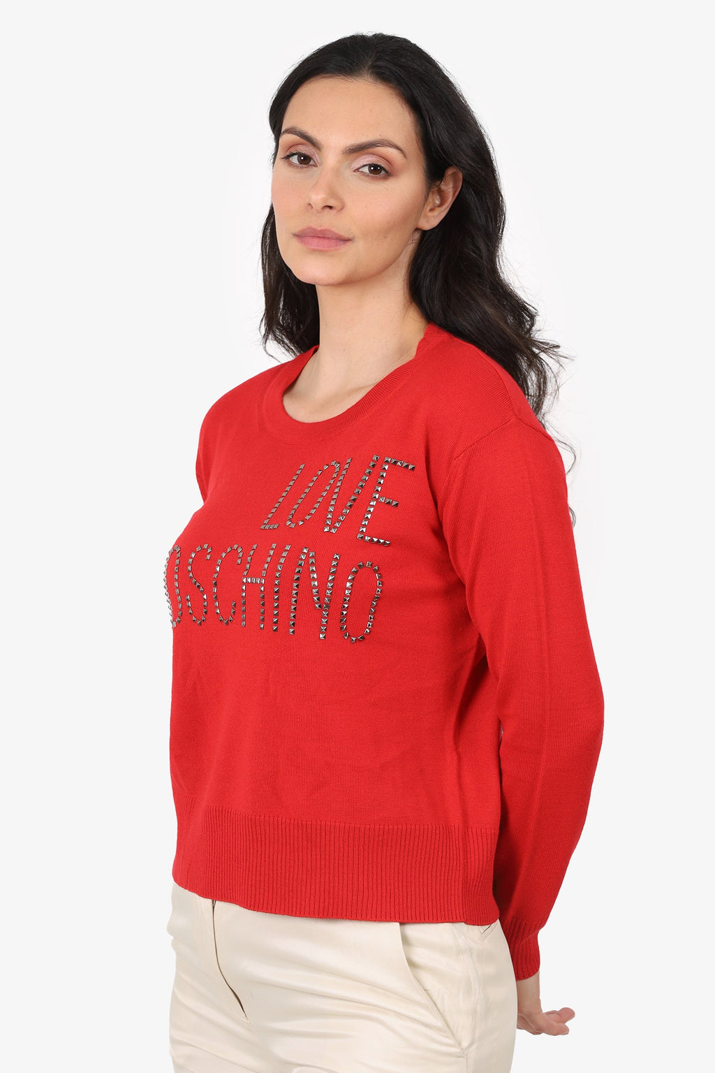 Love Moschino Red Wool Knit 'Love Moschino' Studded Sweater Estimated Size S