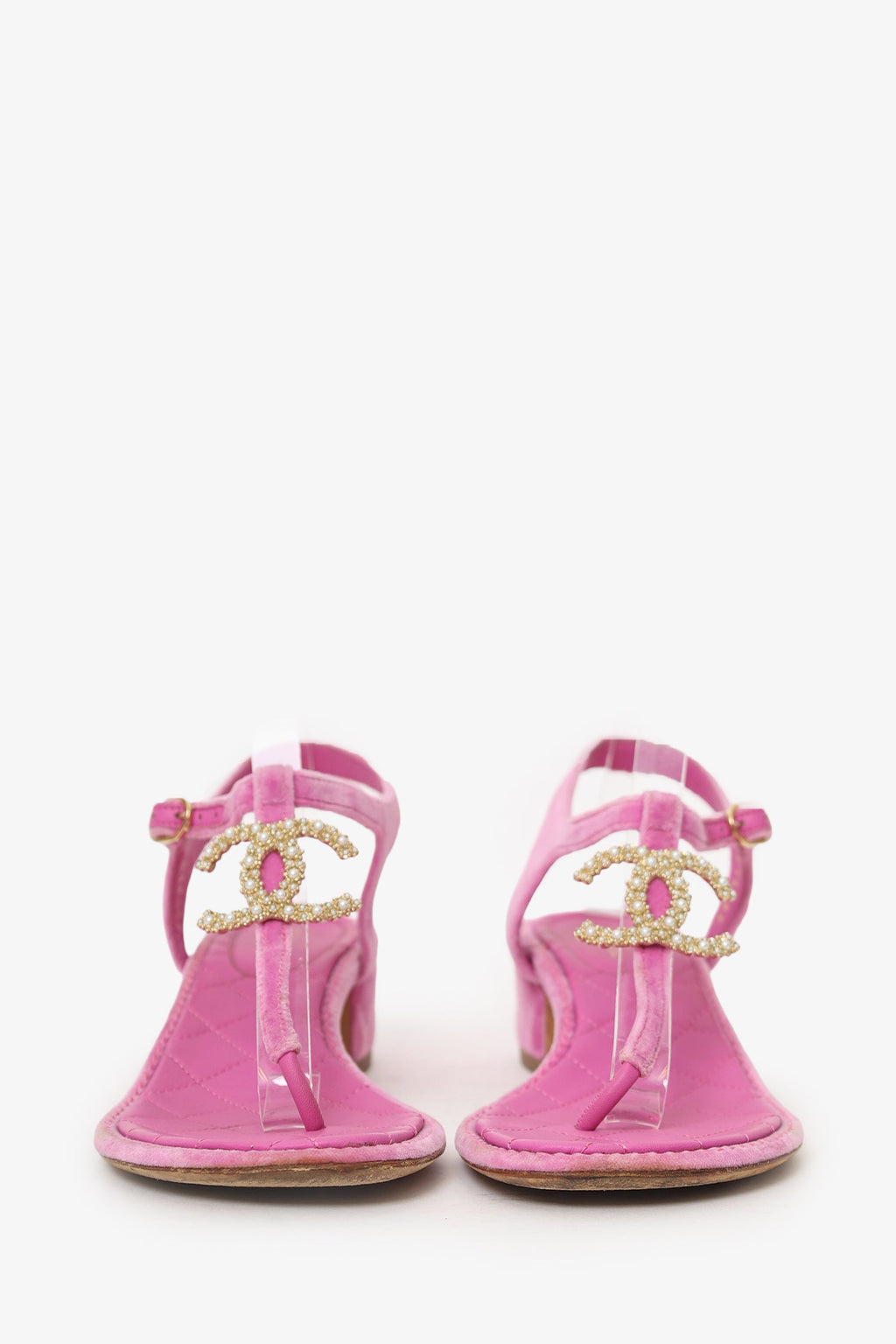 Pre-Loved Chanel™ Pink Velvet CC T-Strap Sandals Size 39