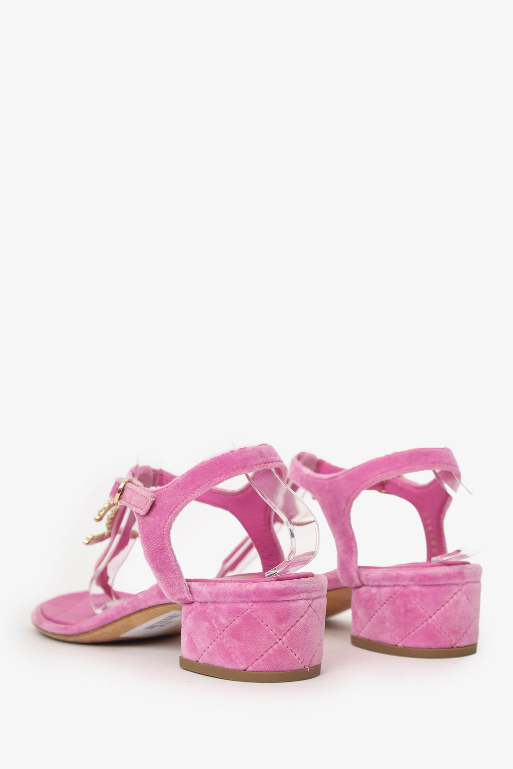 Pre-Loved Chanel™ Pink Velvet CC T-Strap Sandals Size 39