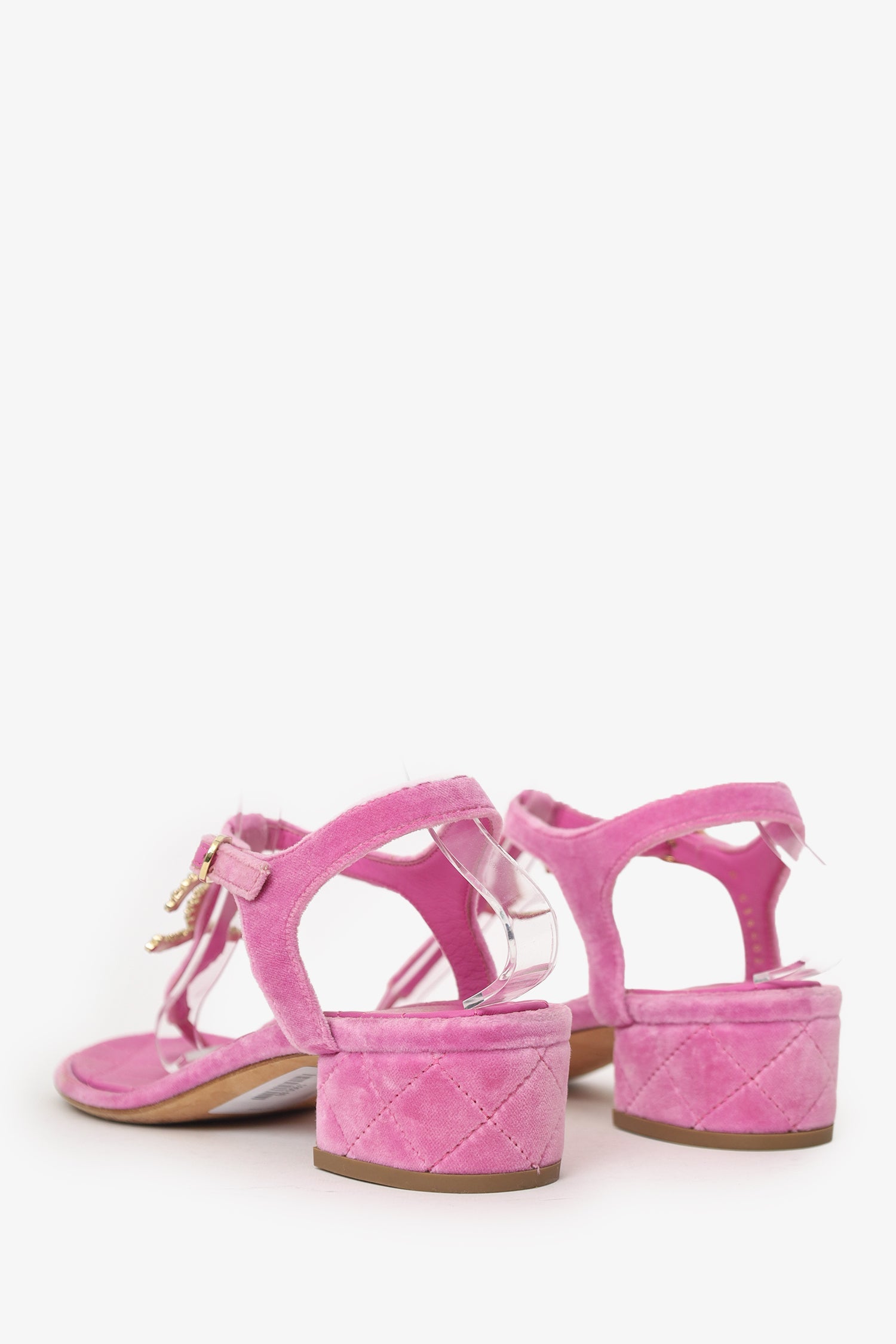 Pre-Loved Chanel™ Pink Velvet CC T-Strap Sandals Size 39