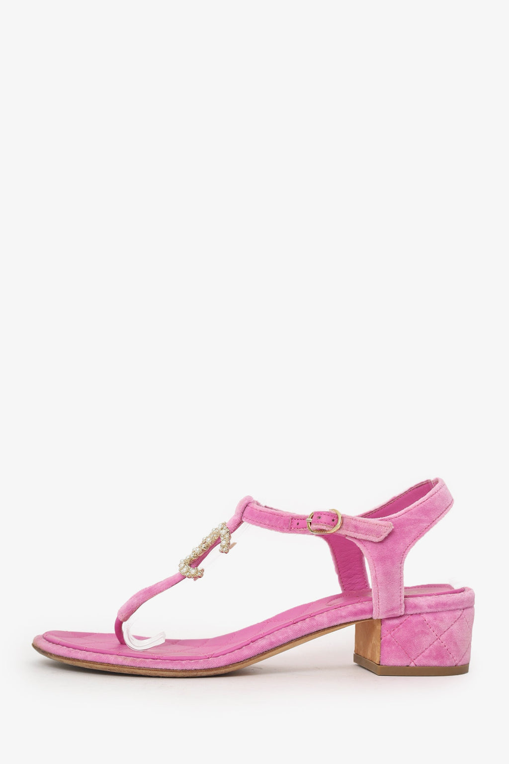 Pre-Loved Chanel™ Pink Velvet CC T-Strap Sandals Size 39